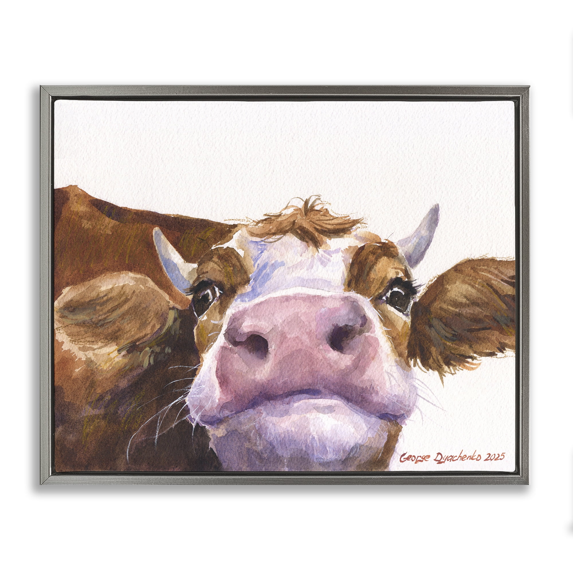 Stupell Industries Cute Cow Close Up Gray Framed Floater Canvas Wall Art, design by George Dyachenko