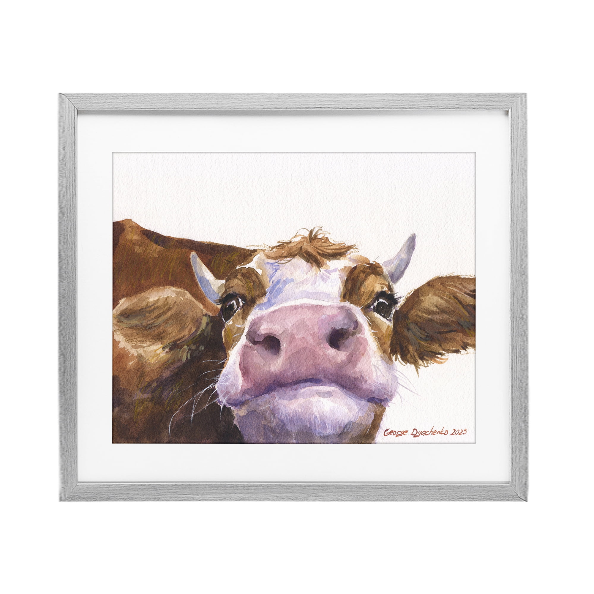 Stupell Industries Cute Cow Close Up Gray Framed Print Under Glass, design by George Dyachenko