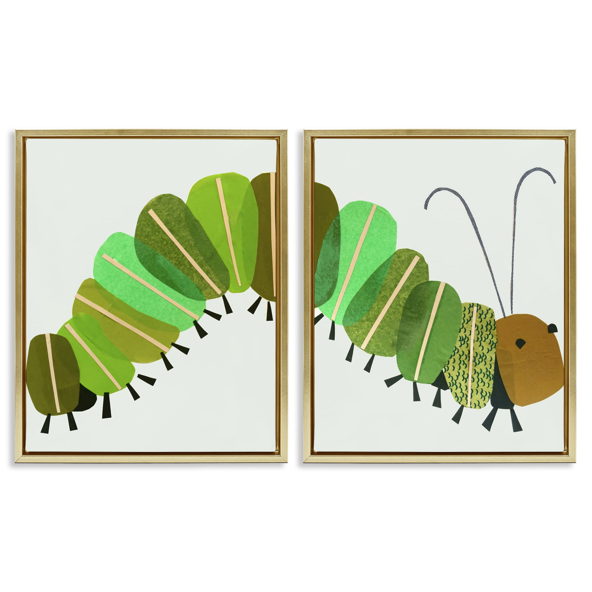 Stupell Industries Cute Cozy Caterpillar Animals Painting Gold Floater Framed Canvas Art Print Wall Art, 31 x 25, Set of 2