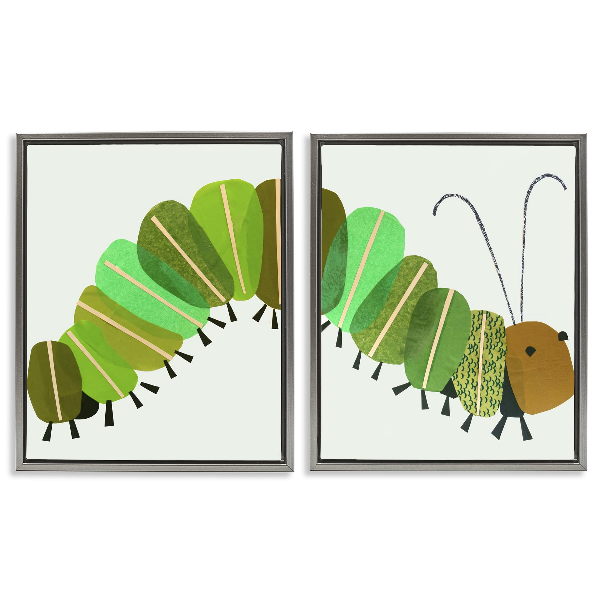 Stupell Industries Cute Cozy Caterpillar Animals Painting Gray Floater Framed Canvas Art Print Wall Art, 17 x 21, Set of 2