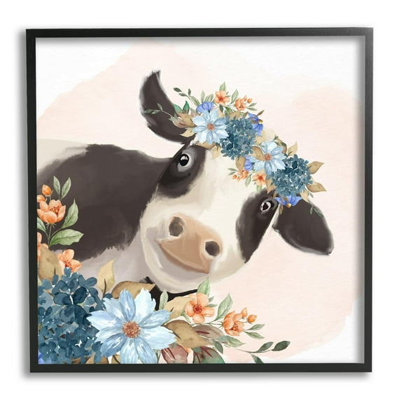 Stupell Industries Cute Daisy Blossoms Flower Crown Smiling Cow Paintings Black Framed Art Print Wall Art, 24x24, by Kim Allen