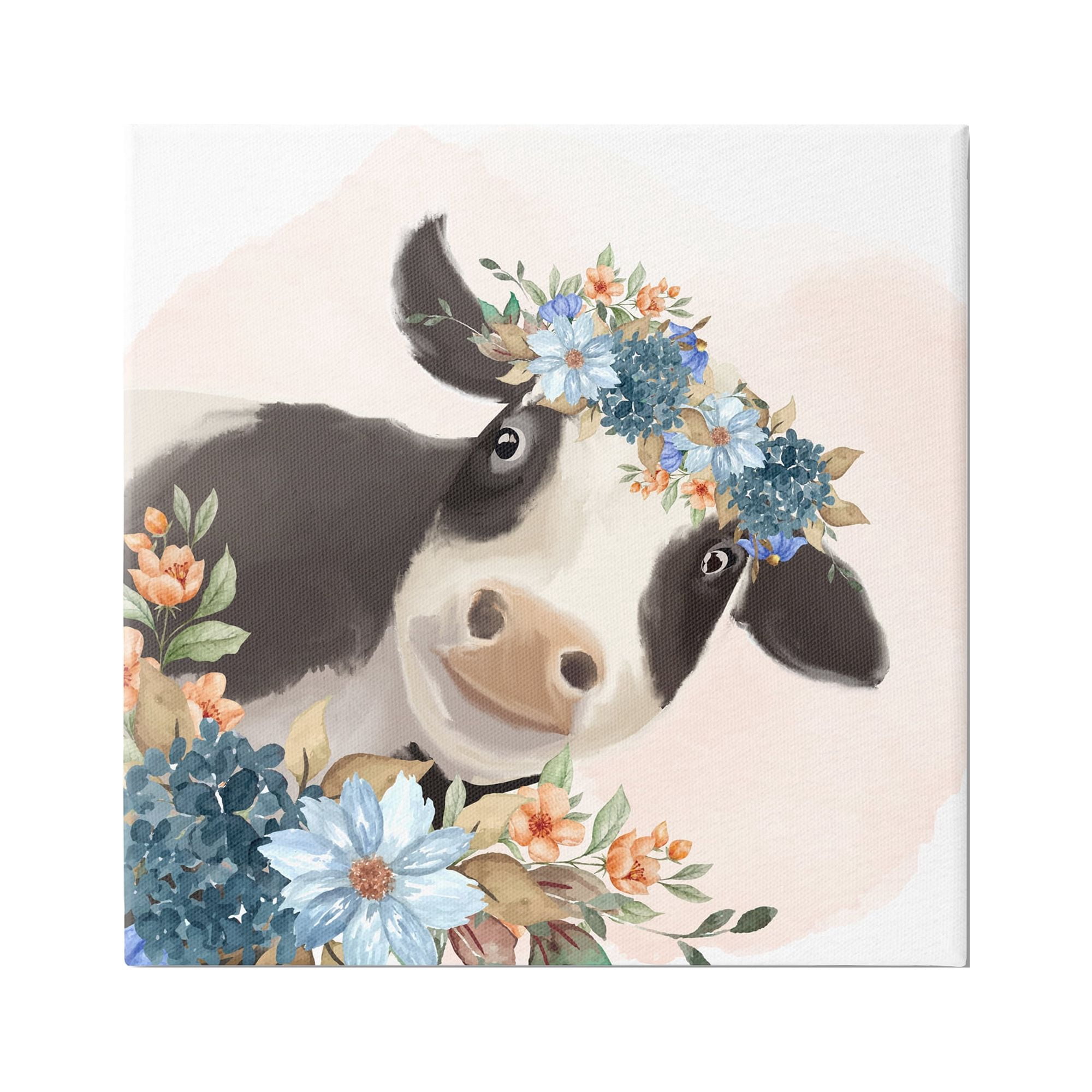 Stupell Industries Cute Daisy Blossoms Flower Crown Smiling Cow Paintings Gallery-Wrapped Canvas Print Wall Art, 36x36, by Kim Allen
