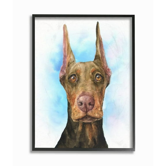 Stupell Industries Cute Doberman Dog Pet Animal Blue Watercolor Painting Framed Giclee Texturized Art by George Dyachenko