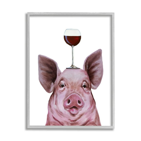 Stupell Industries Cute Farm Pig Looking Holding Wine Glass Paintings Gray Framed Art Print Wall Art, 11x14, by Coco de Paris