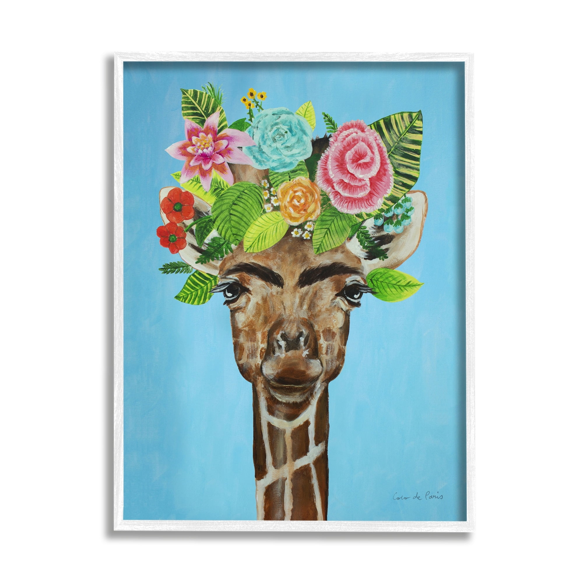 Stupell Industries Cute Floral Roses Giraffe Eyebrows Makeup Portrait Paintings White Framed Art Print Wall Art, 24x30, by Coco de Paris