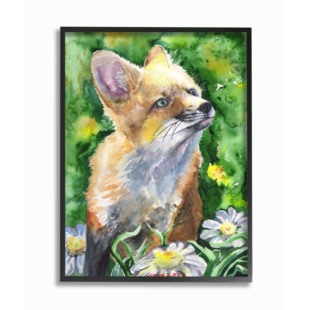 Stupell Industries Cute Fox Animal Orange Green Watercolor Painting Framed Giclee Texturized Art by George Dyachenko