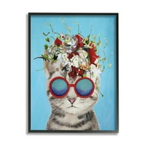 Stupell Industries Cute Fun Flowery Cat Wearing Sunglasses Bold Blue Background , 16 x 20, Design by Coco de Paris