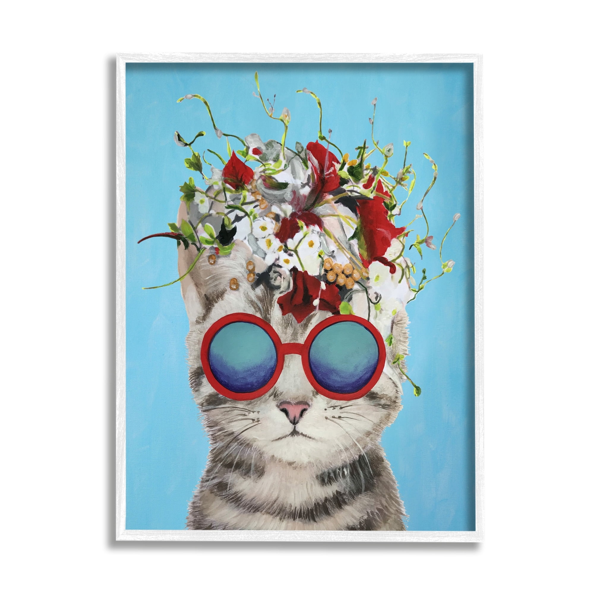 Stupell Industries Cute Fun Flowery Cat Wearing Sunglasses Bold Blue Background , 16 x 20, Design by Coco de Paris
