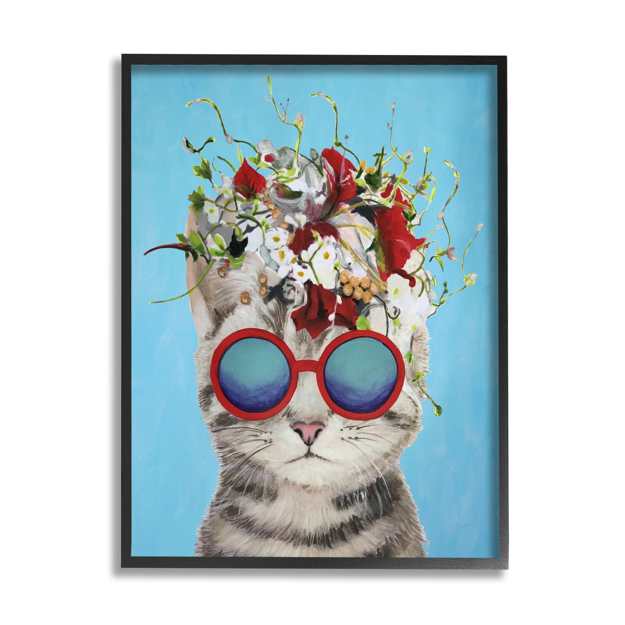 Fun Framed 24x30, by Bold Black Cute Wearing Print Flowery Paris de Background Sunglasses Coco Art Blue Stupell Art, Cat Industries Wall Paintings