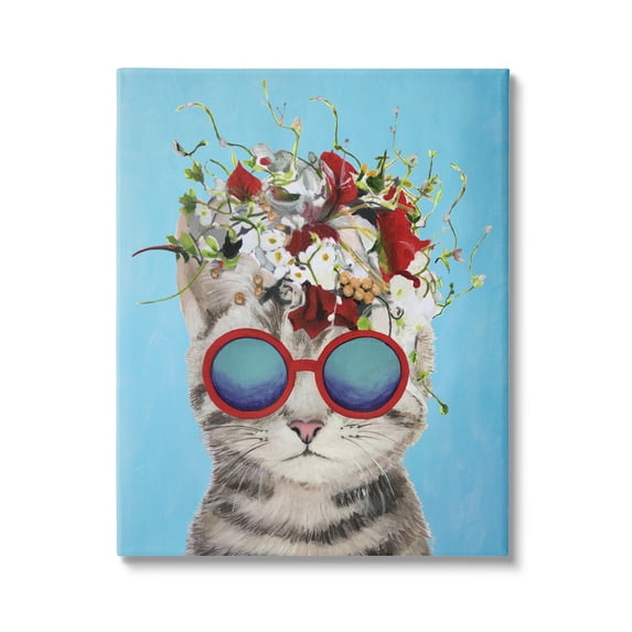 Stupell Industries Cute Fun Flowery Cat Wearing Sunglasses Bold Blue Background Paintings Gallery-Wrapped Canvas Print Wall Art, 24x30, by Coco de Paris