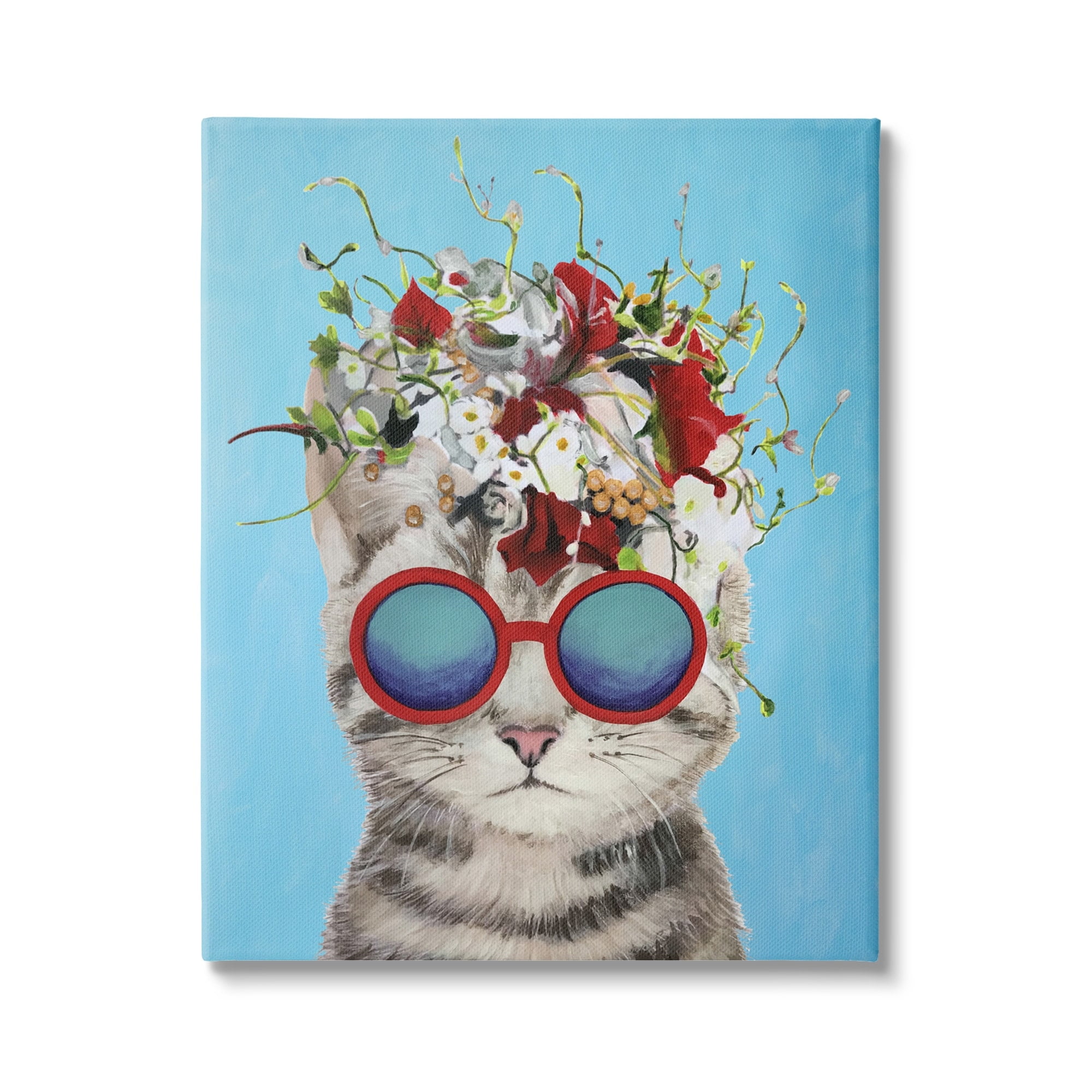 Stupell Industries Cute Fun Flowery Cat Wearing Sunglasses Bold Blue Background Paintings Gallery-Wrapped Canvas Print Wall Art, 30x40, by Coco de Paris