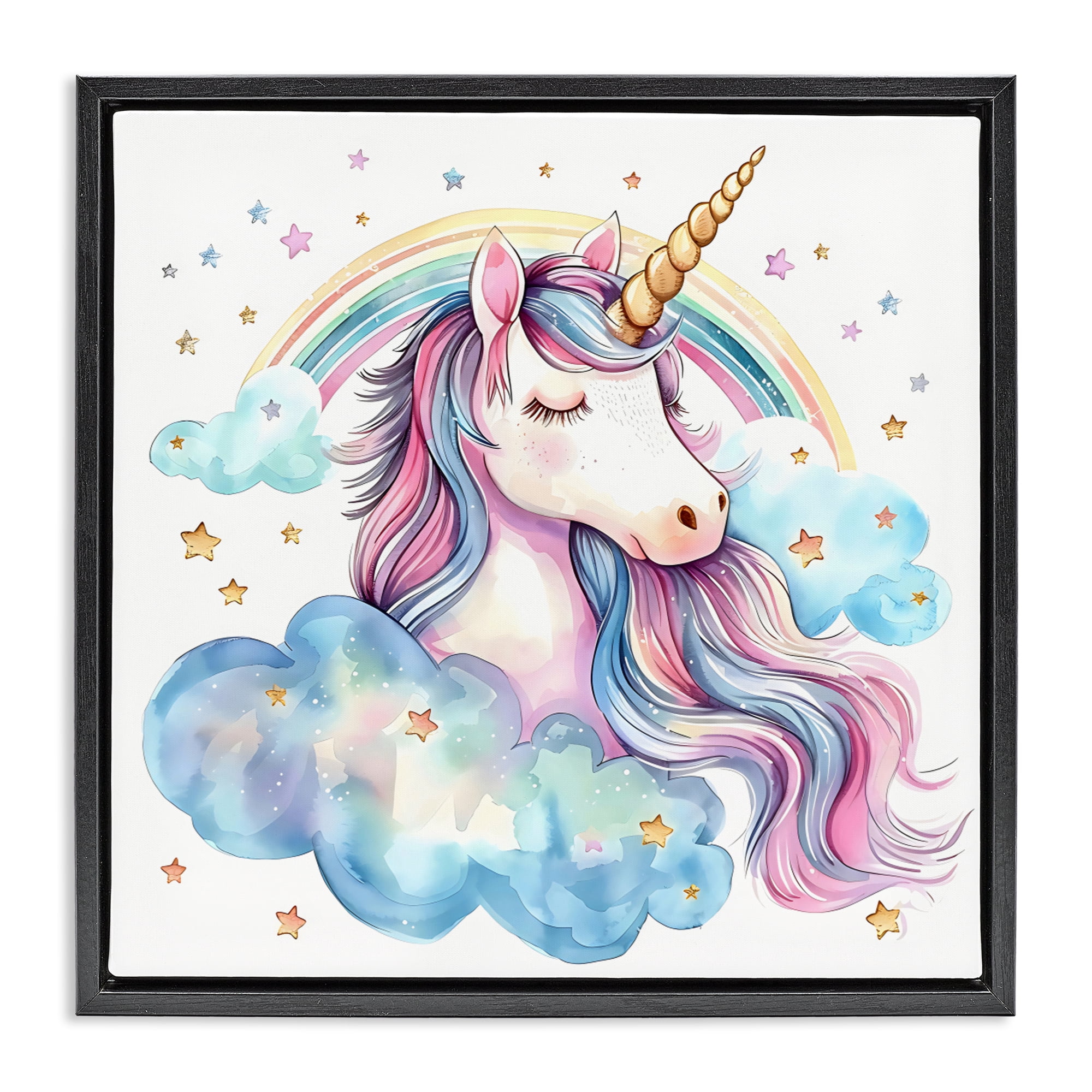 Stupell Industries Cute Happy Unicorn & Rainbow Black Framed Floater Canvas Wall Art, design by Creative Studio