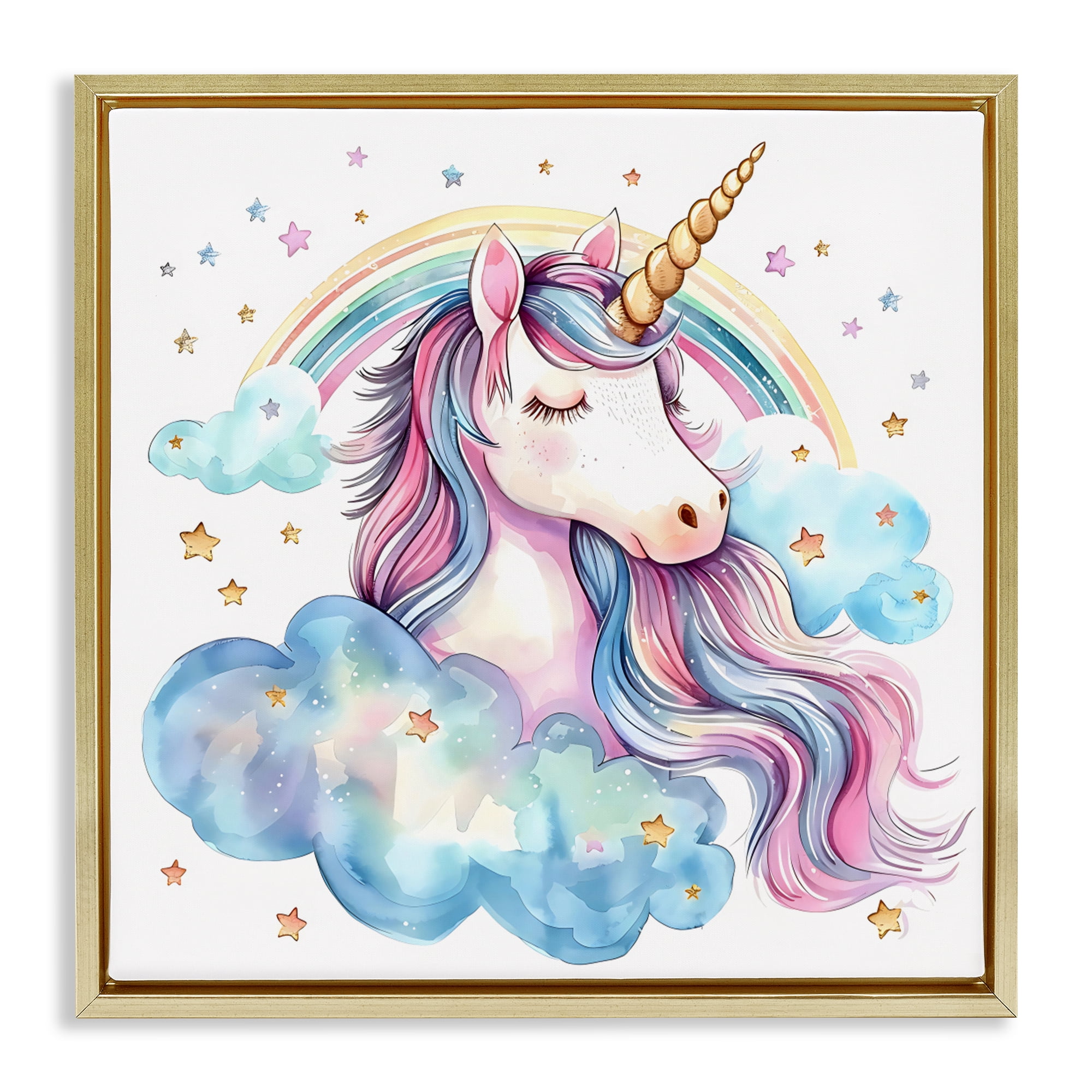 Stupell Industries Cute Happy Unicorn & Rainbow Gold Framed Floater Canvas Wall Art, design by Creative Studio