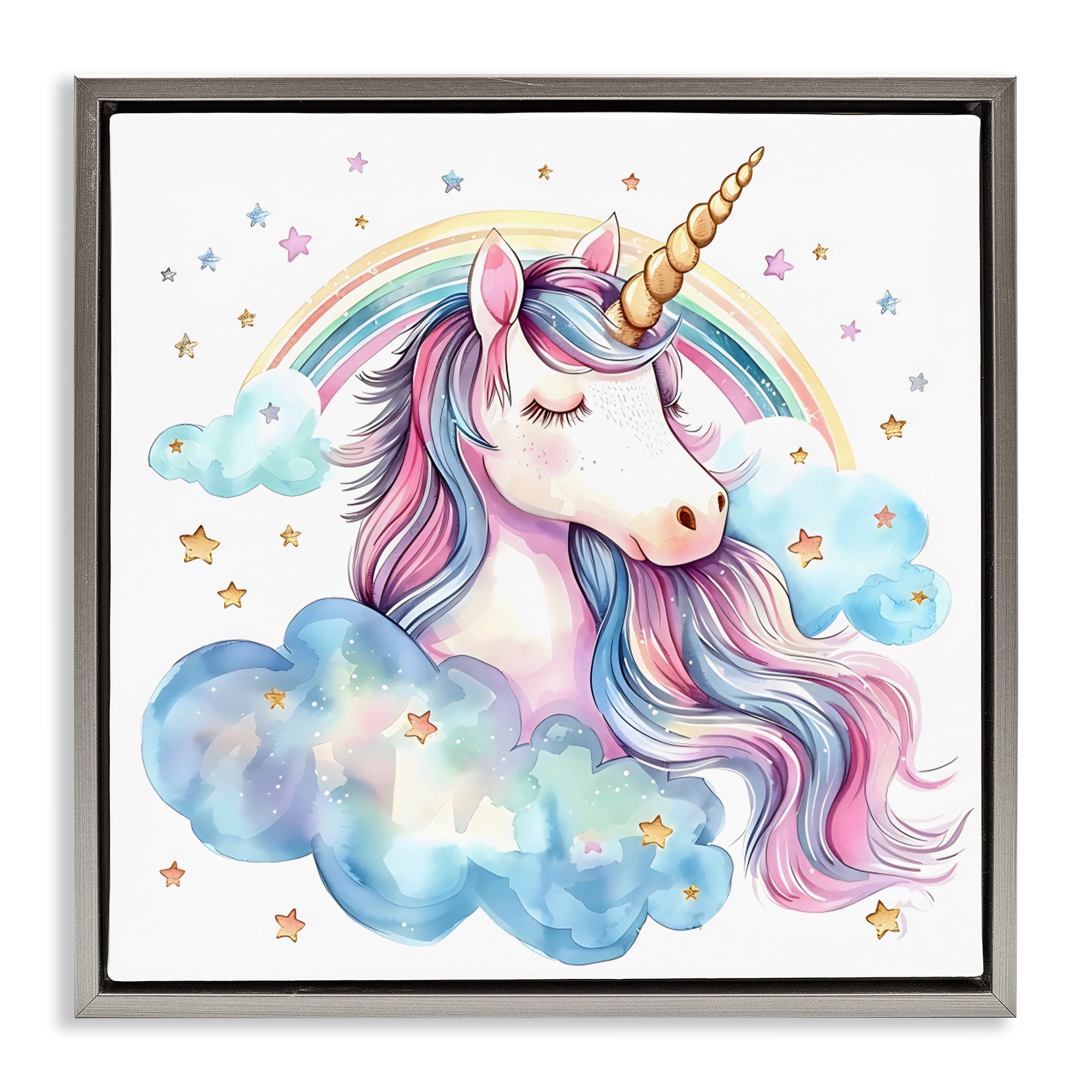 Stupell Industries Cute Happy Unicorn & Rainbow Gray Framed Floater Canvas Wall Art, design by Creative Studio