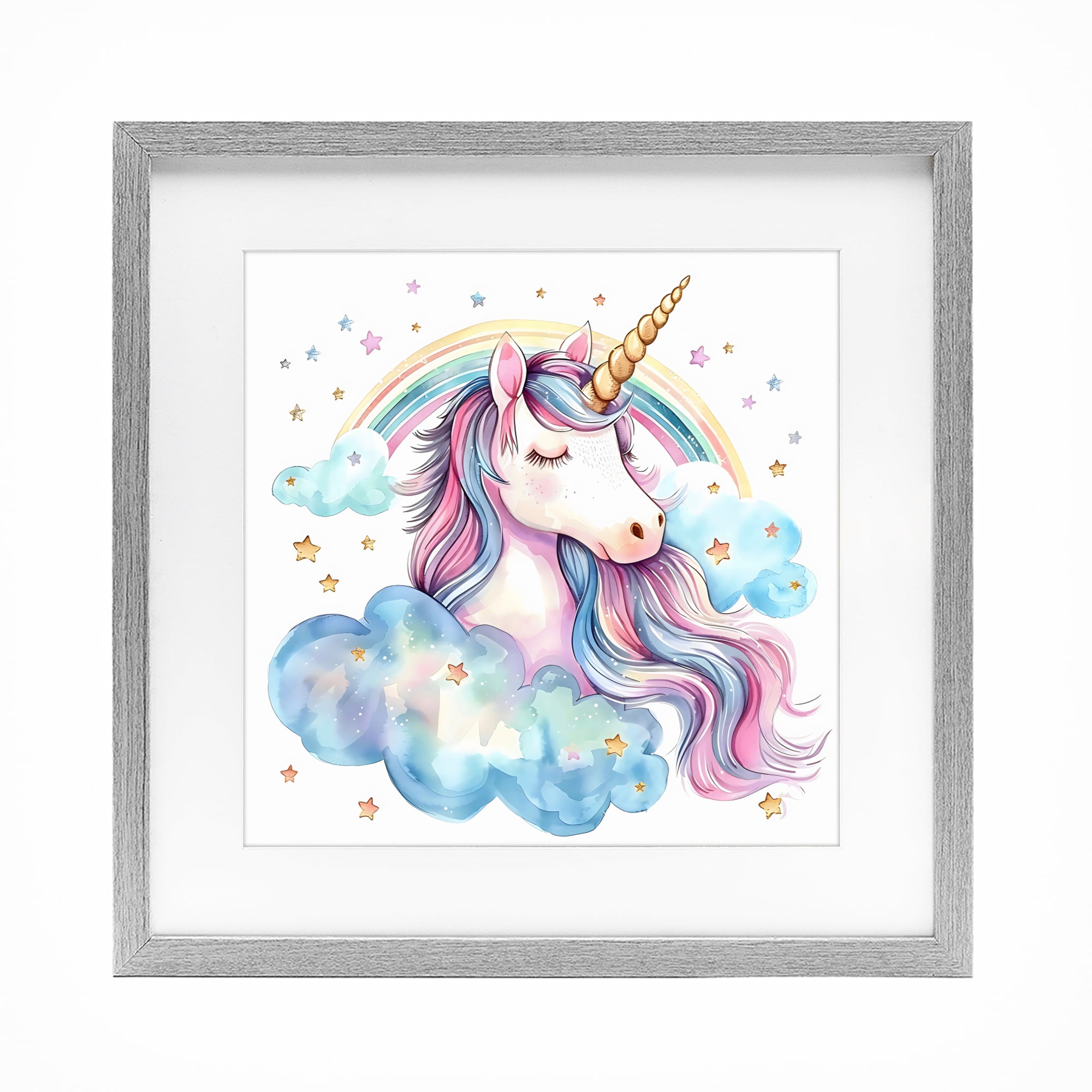 Stupell Industries Cute Happy Unicorn & Rainbow Gray Framed Print Under Glass, design by Creative Studio