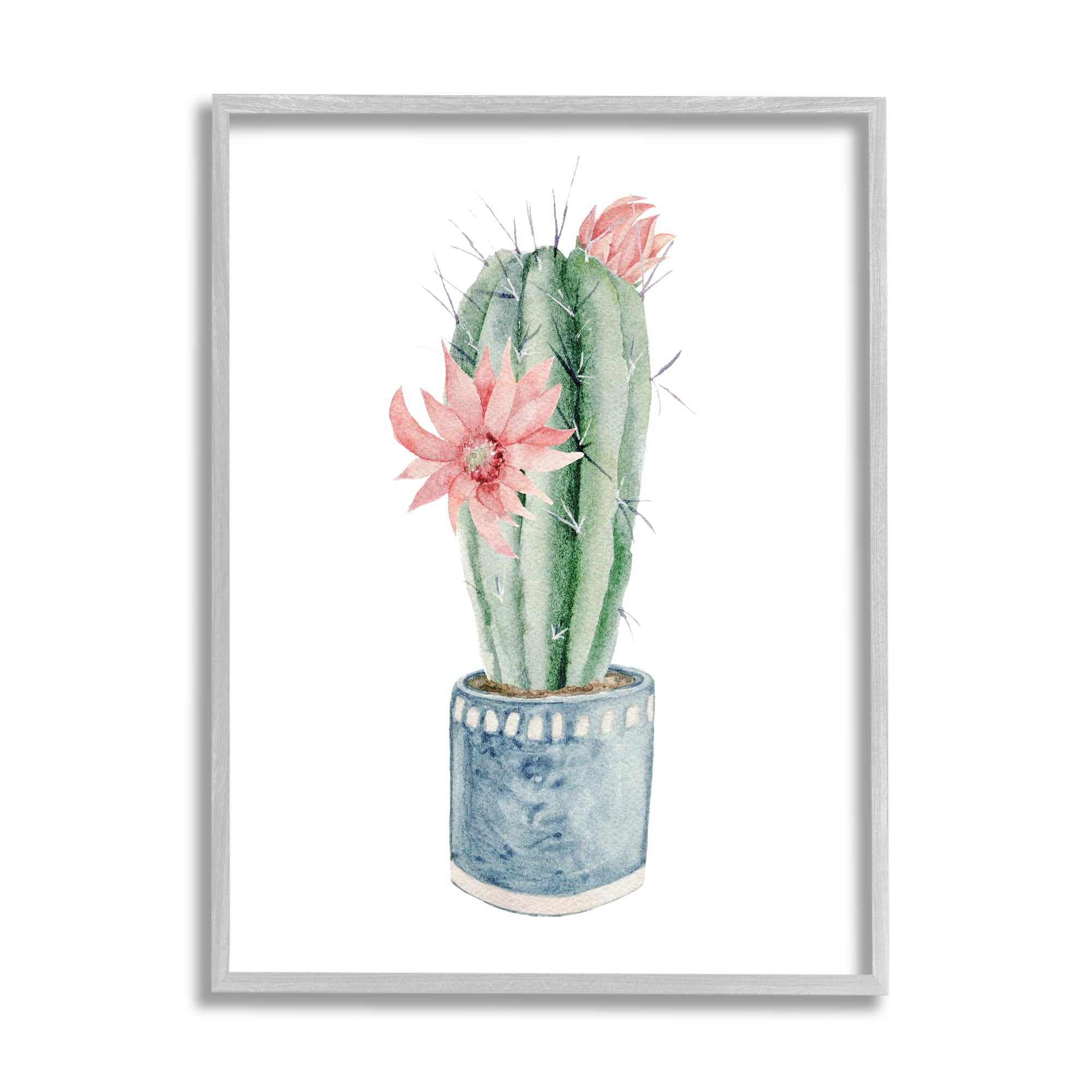 Stupell Industries Cute Minimal Cactus Blossoms Plant Watercolor Illustration Gray Framed Art Print Wall Art, 16x20, by Mela Fay