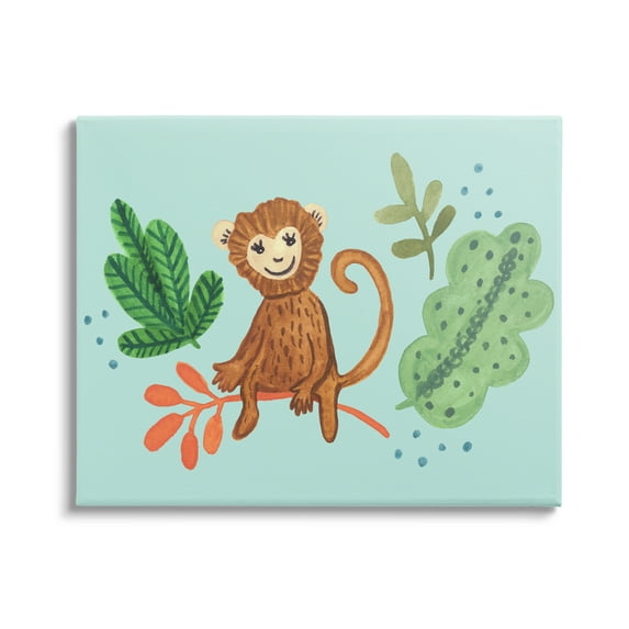 Stupell Industries Cute Monkey Sitting Plants Leaves Illustration Kids Painting Gallery-Wrapped Canvas Print Wall Art, 48 x 36, Design by Heather Strianese