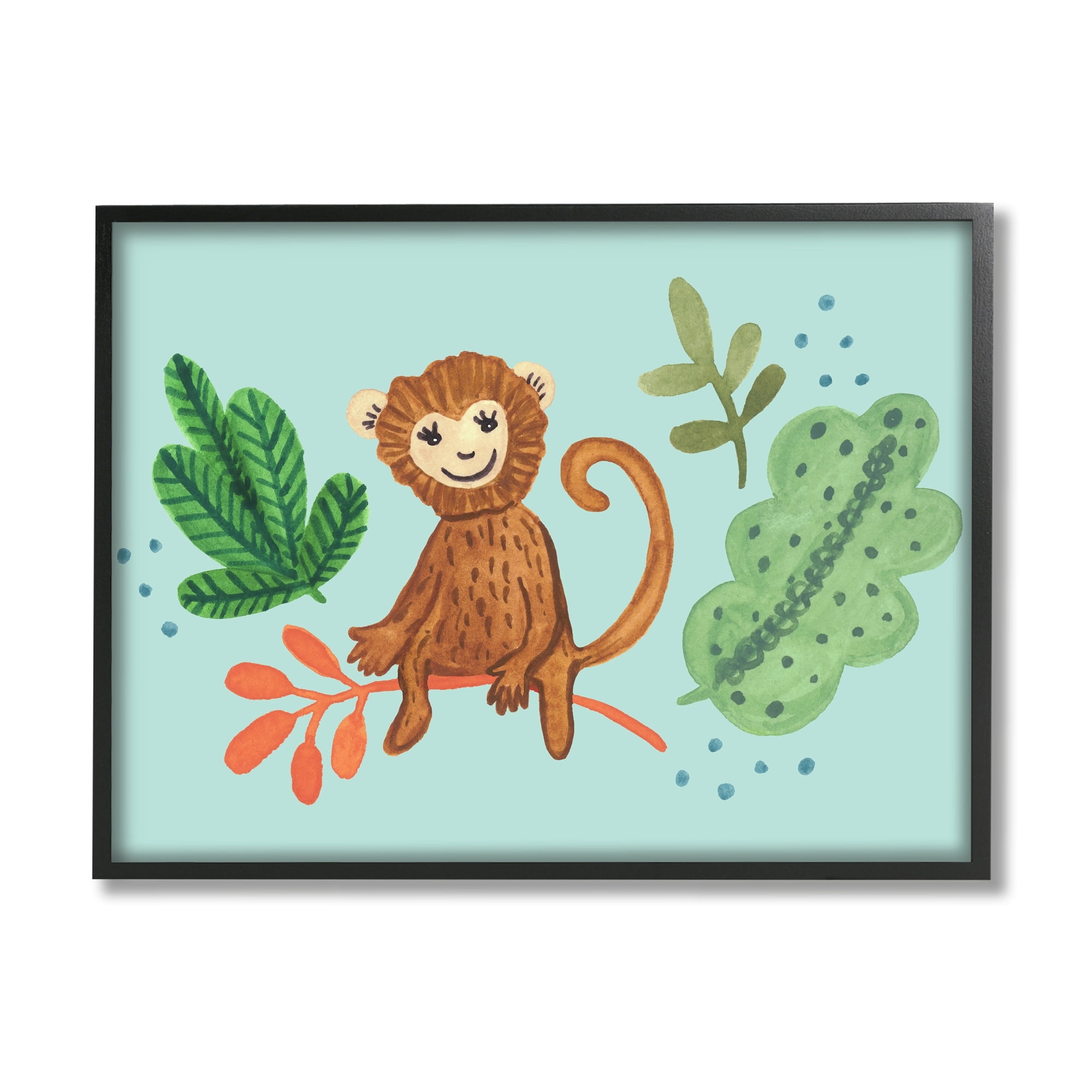 Stupell Industries Cute Monkey Sitting Plants Leaves Illustration Paintings Black Framed Art Print Wall Art, 14x11, by Heather Strianese