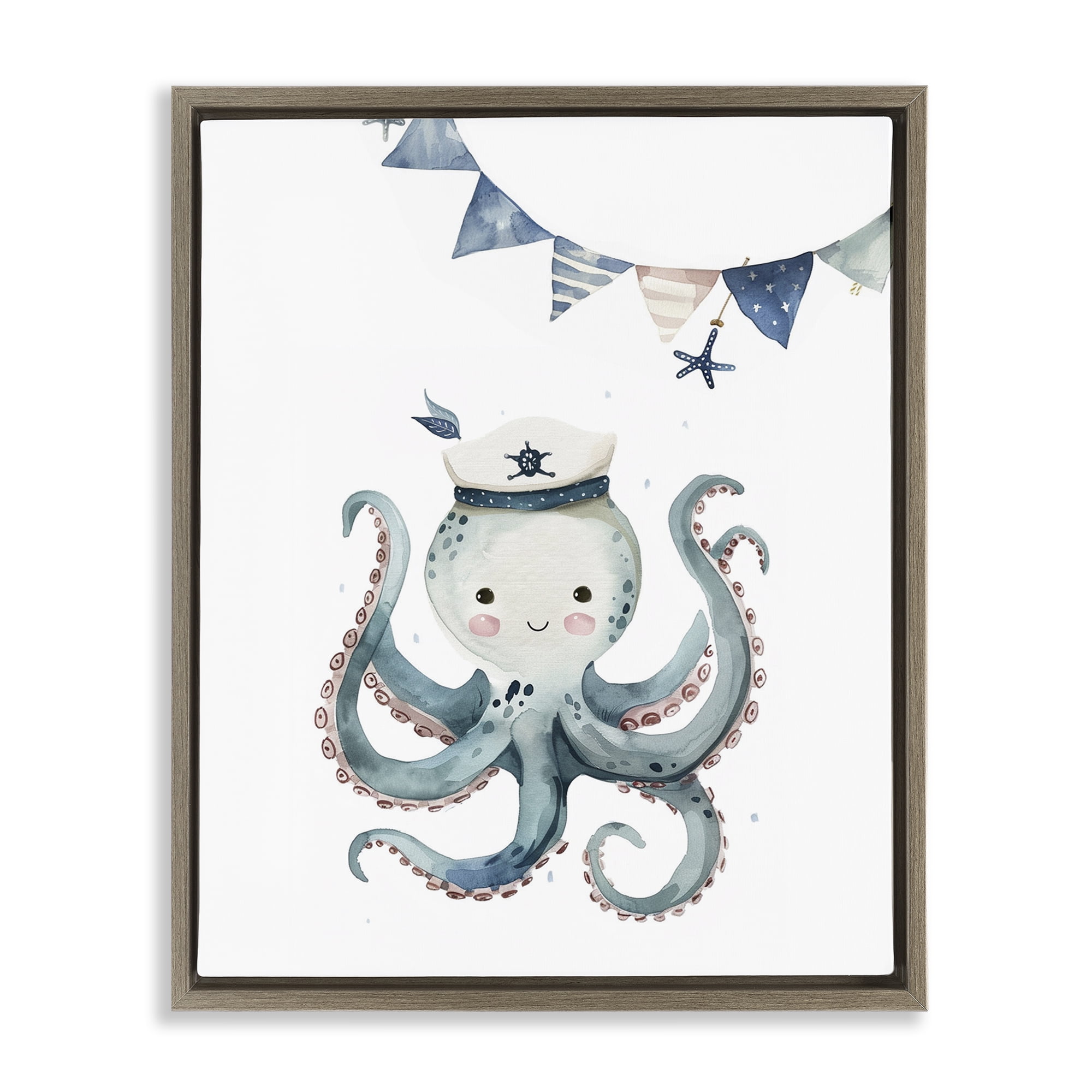 Stupell Industries Cute Octopus Sailor Animals Painting Brown Floater Framed Canvas Art Print Wall Art, 17 x 21