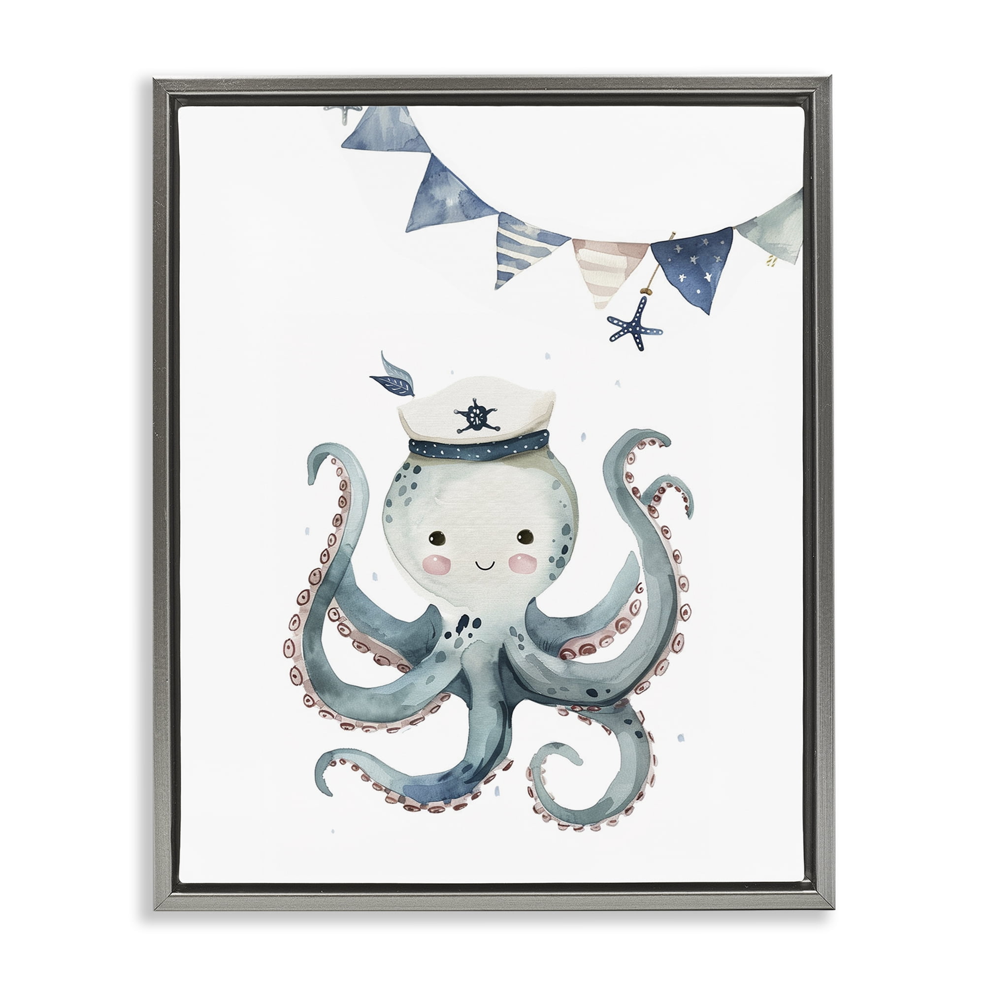 Stupell Industries Cute Octopus Sailor Animals Painting Gray Floater Framed Canvas Art Print Wall Art, 17 x 21