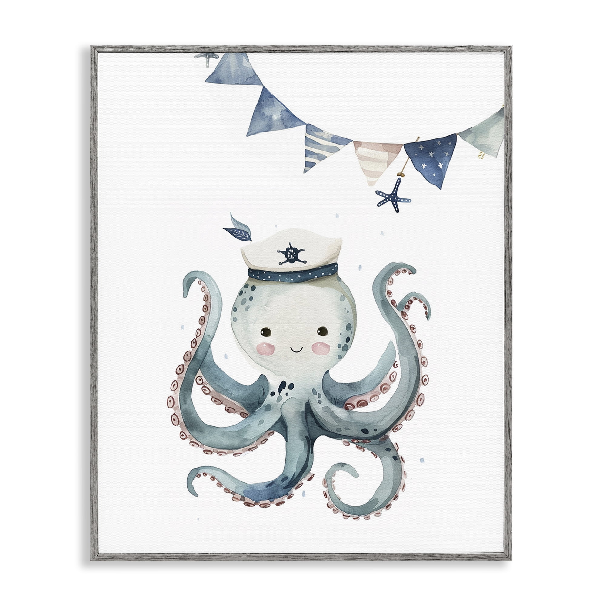 Stupell Industries Cute Octopus Sailor Animals Painting Gray Framed Art Print Wall Art, 16 x 20