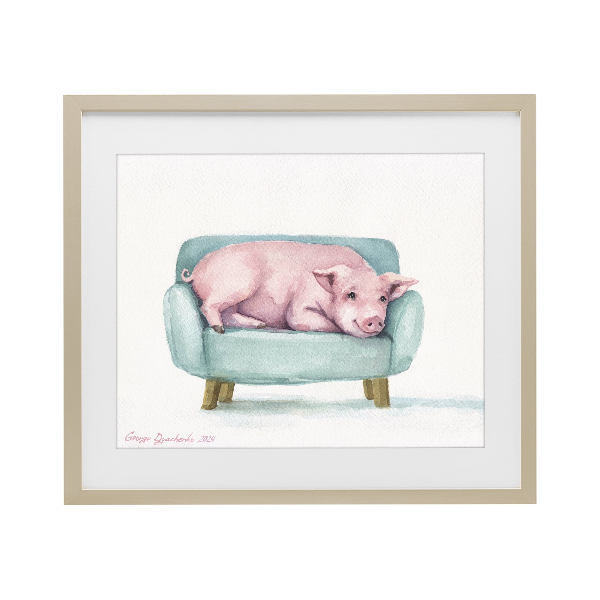 Stupell Industries Cute Piglet on Armchair Birch Framed Print Under Glass, design by George Dyachenko