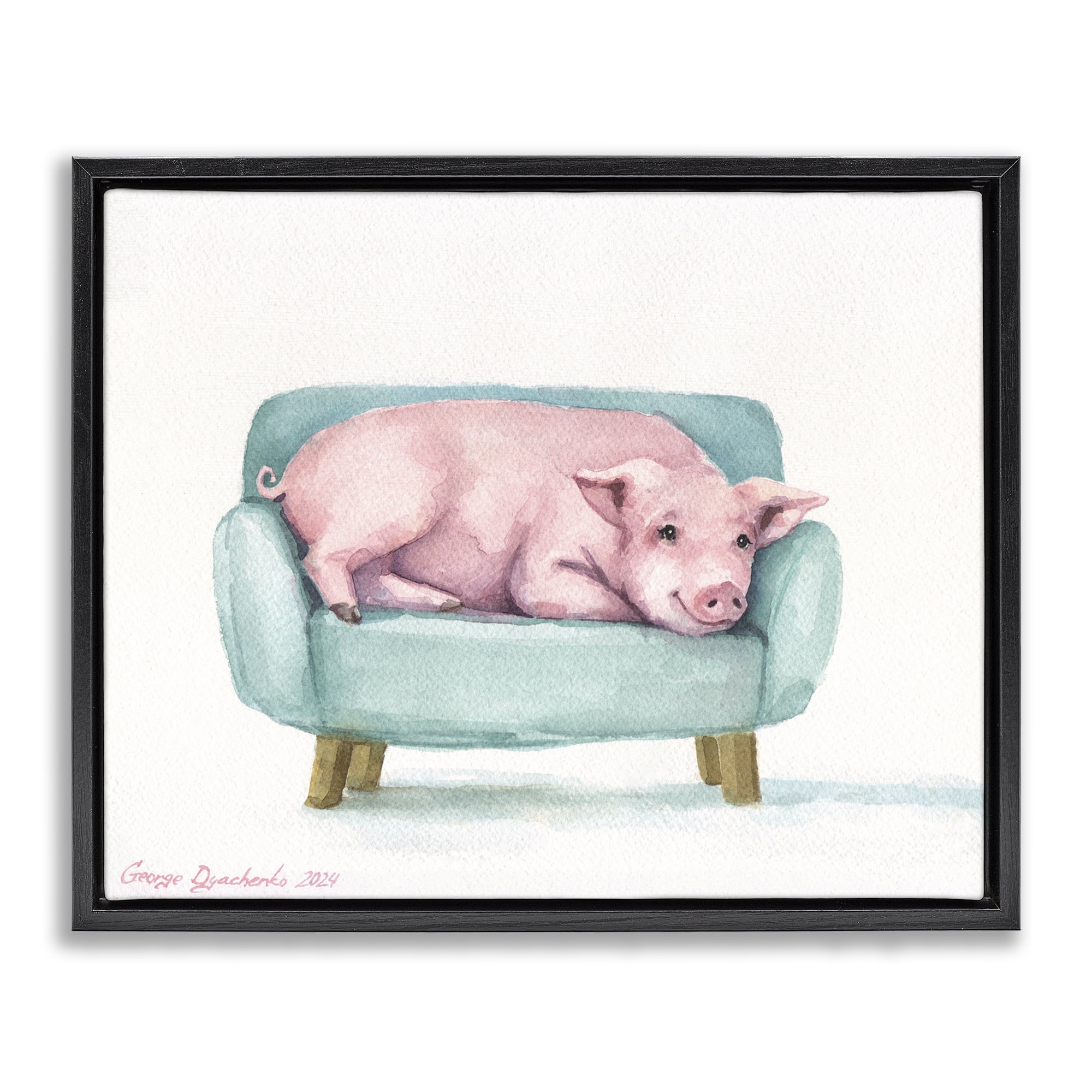 Stupell Industries Cute Piglet on Armchair Black Framed Floater Canvas Wall Art, design by George Dyachenko