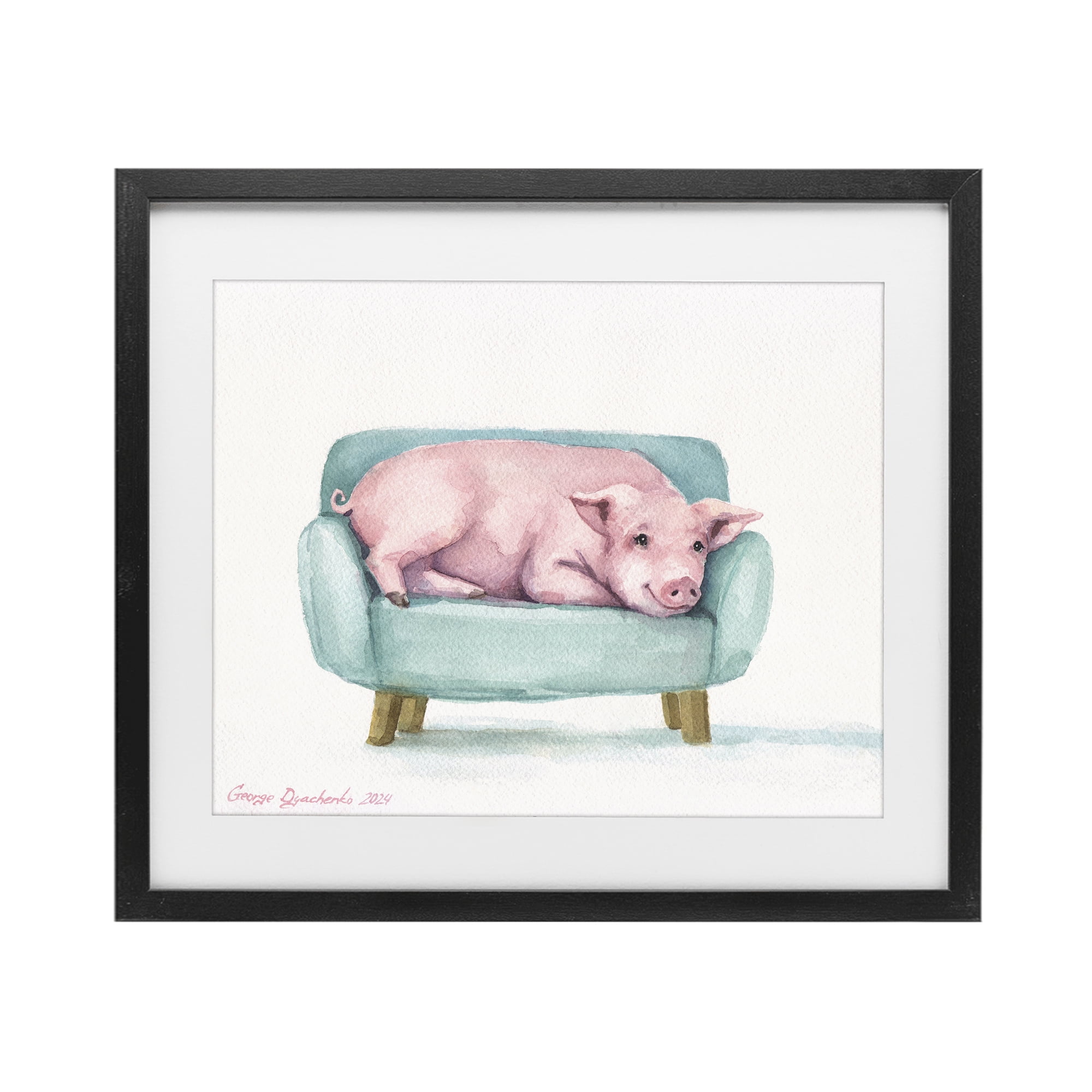 Stupell Industries Cute Piglet on Armchair Black Framed Print Under Glass, design by George Dyachenko