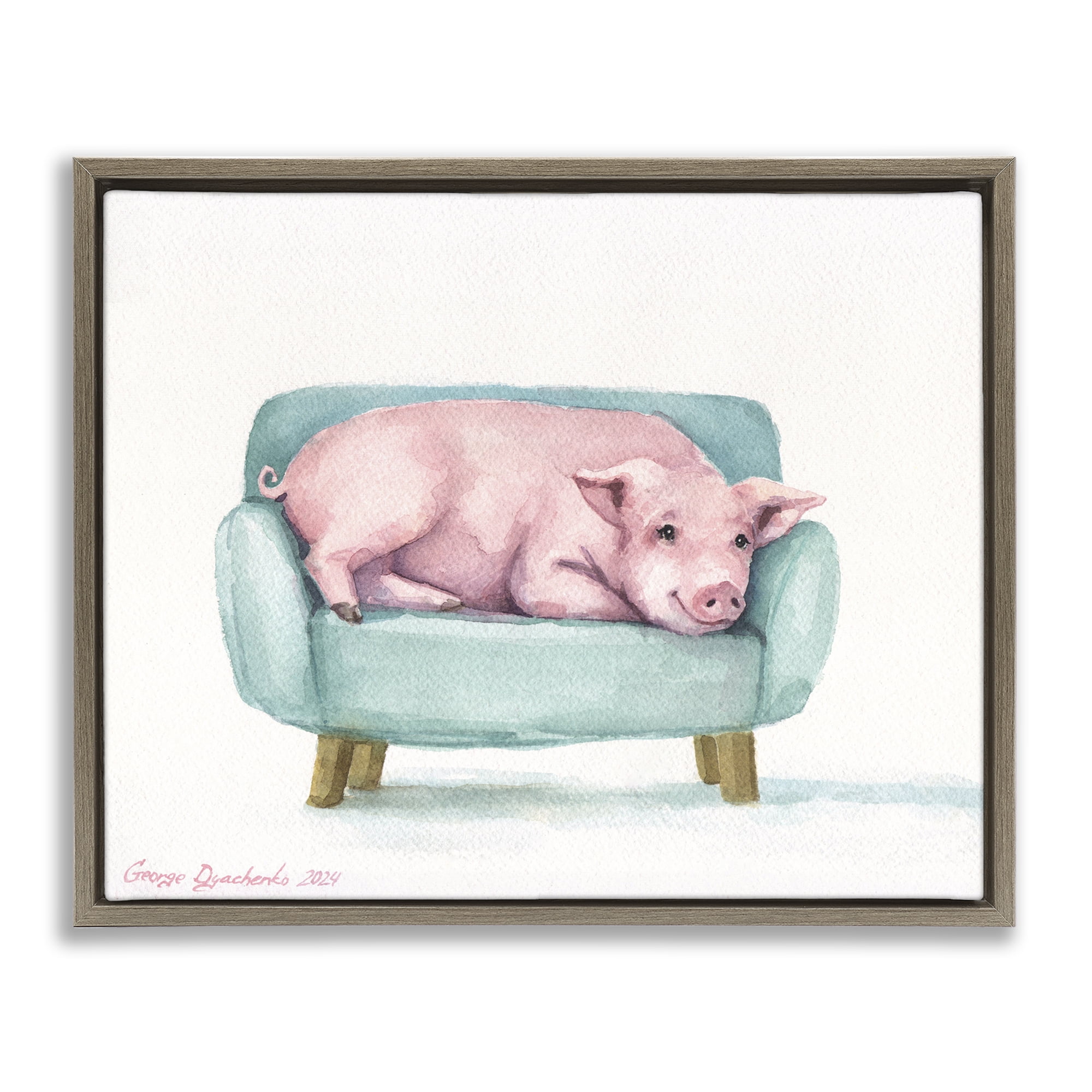 Stupell Industries Cute Piglet on Armchair Brown Framed Floater Canvas Wall Art, design by George Dyachenko