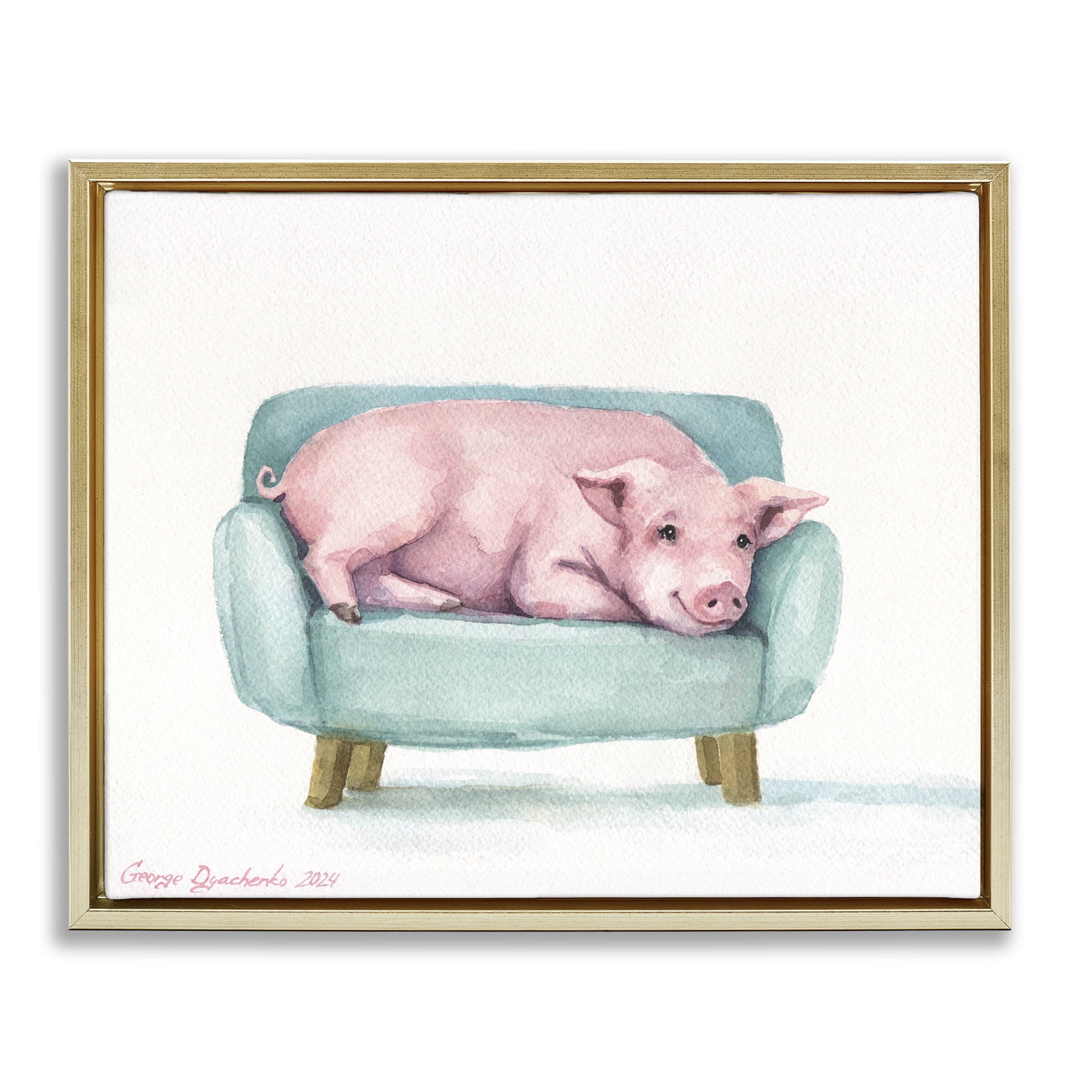 Stupell Industries Cute Piglet on Armchair Gold Framed Floater Canvas Wall Art, design by George Dyachenko