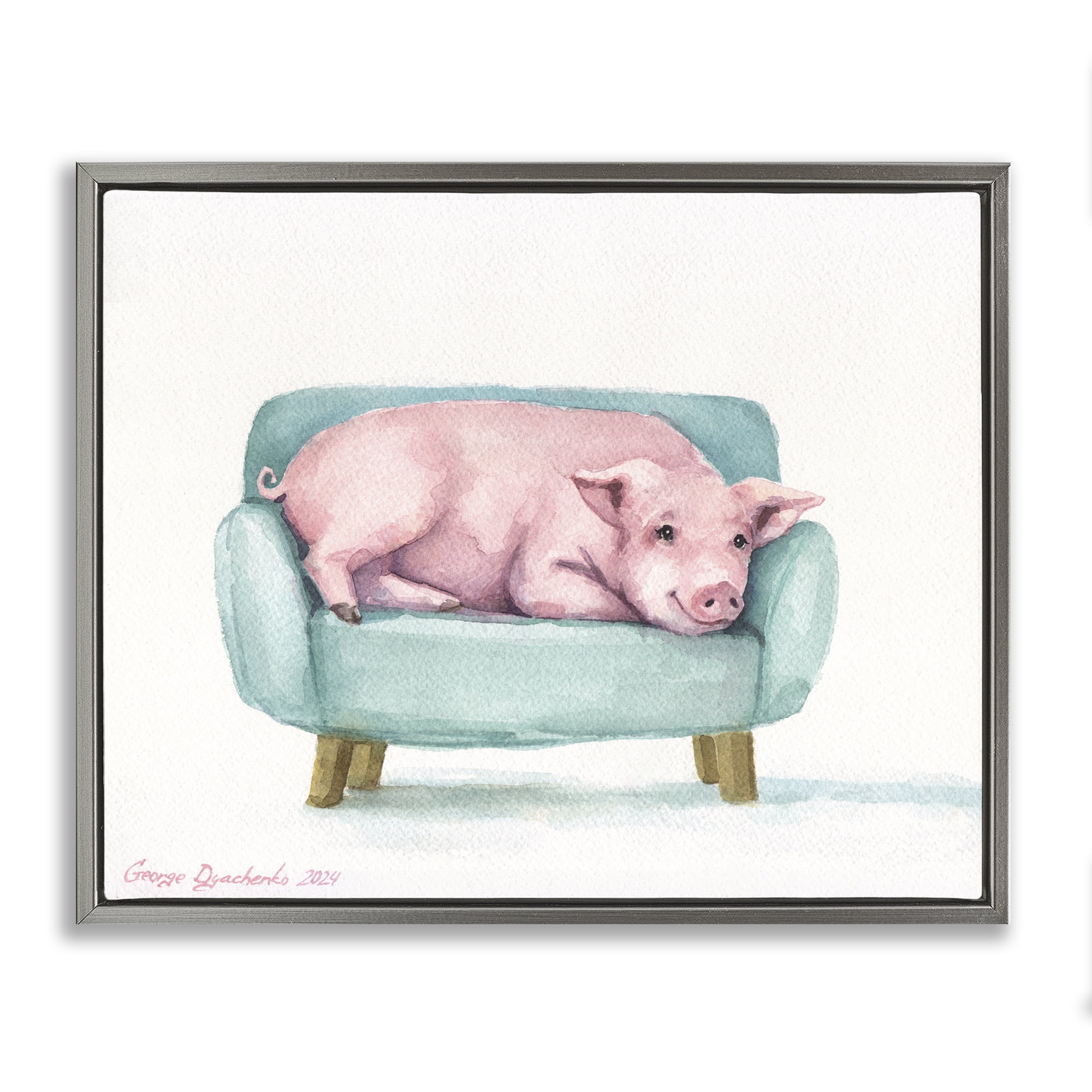 Stupell Industries Cute Piglet on Armchair Gray Framed Floater Canvas Wall Art, design by George Dyachenko
