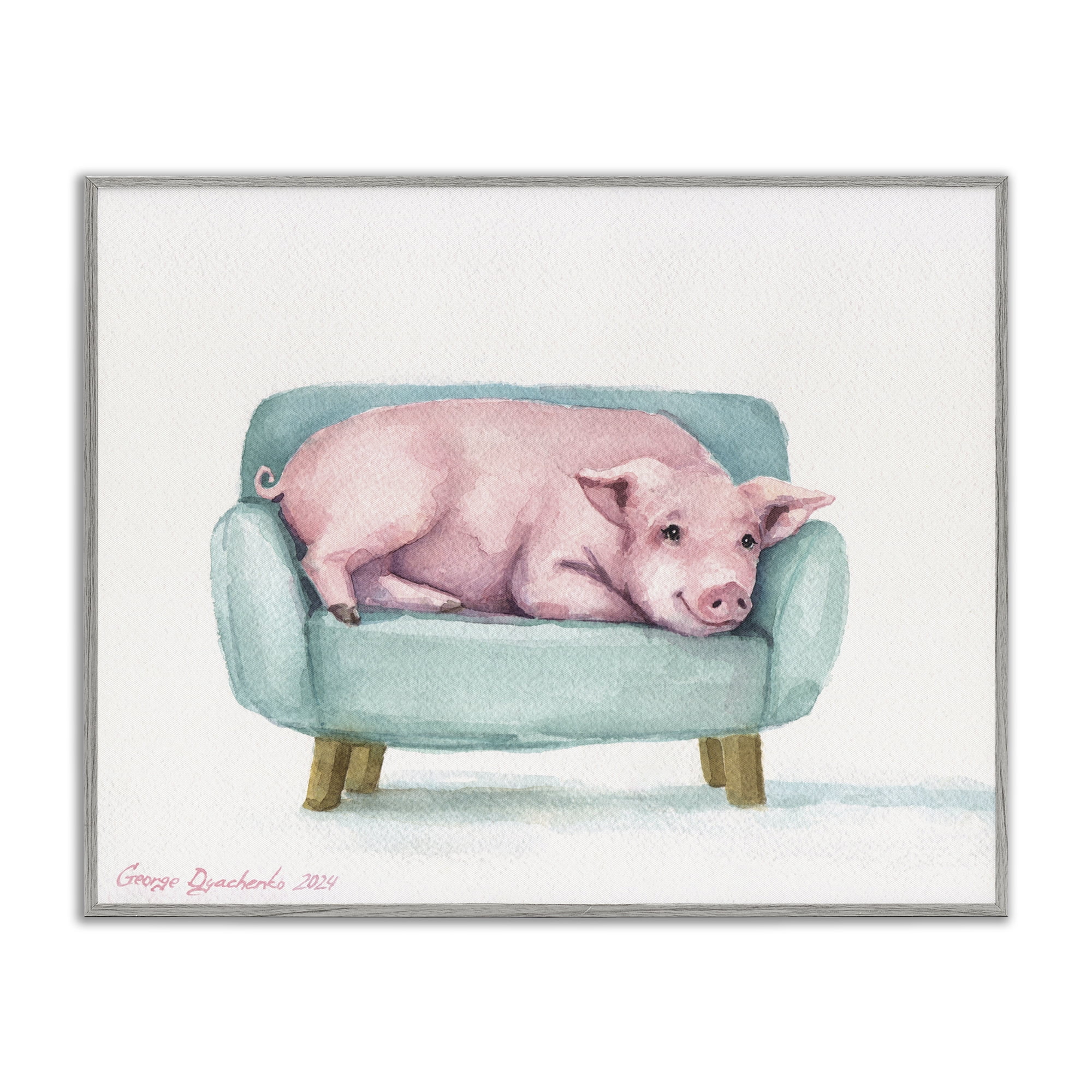 Stupell Industries Cute Piglet on Armchair Gray Framed Giclee Art, design by George Dyachenko
