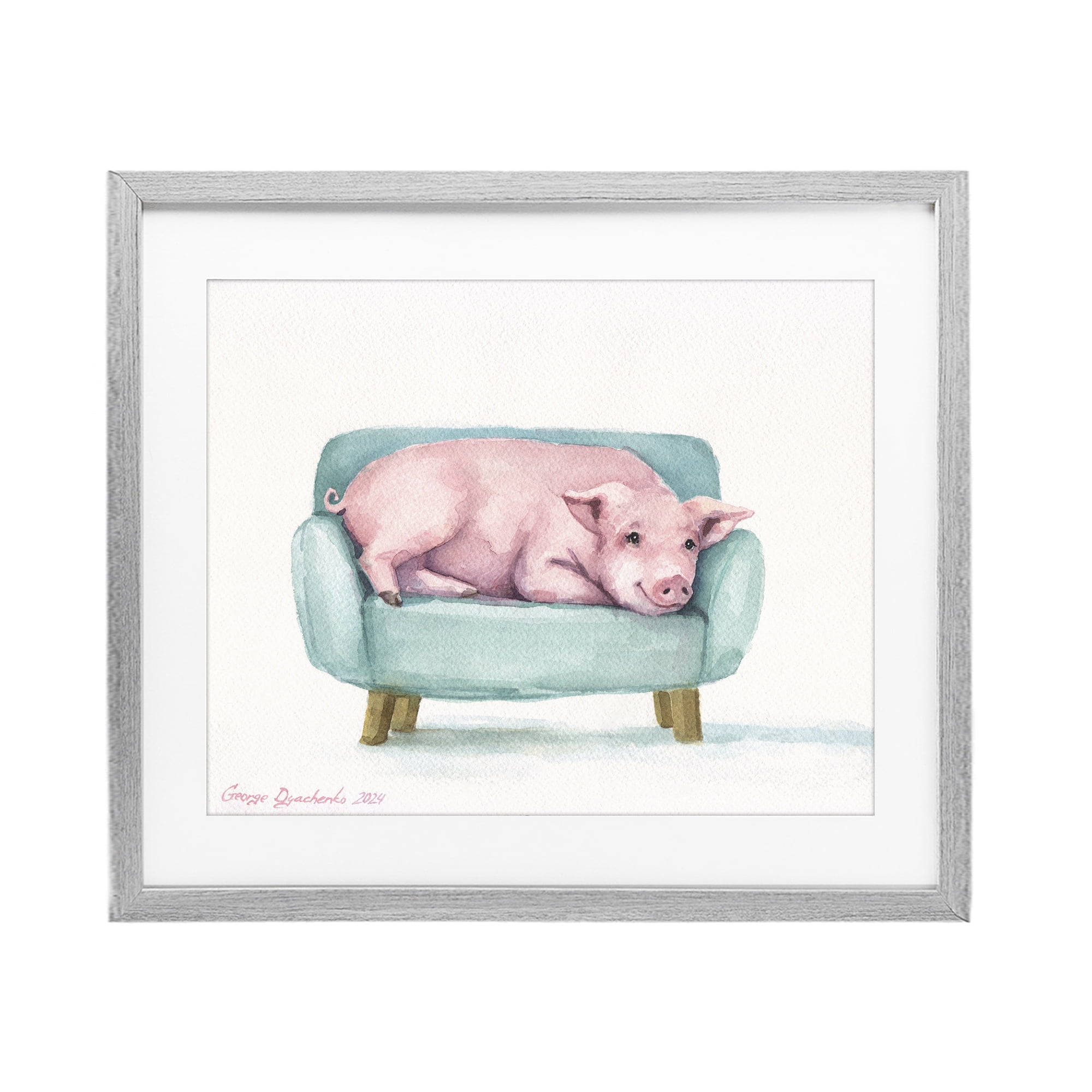 Stupell Industries Cute Piglet on Armchair Gray Framed Print Under Glass, design by George Dyachenko