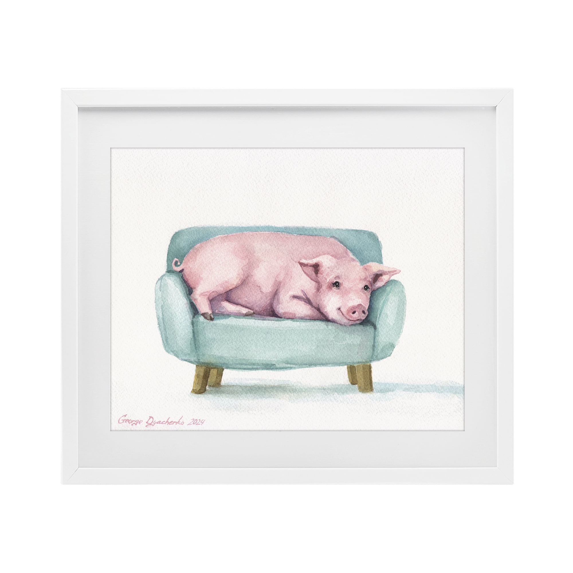 Stupell Industries Cute Piglet on Armchair White Framed Print Under Glass, design by George Dyachenko