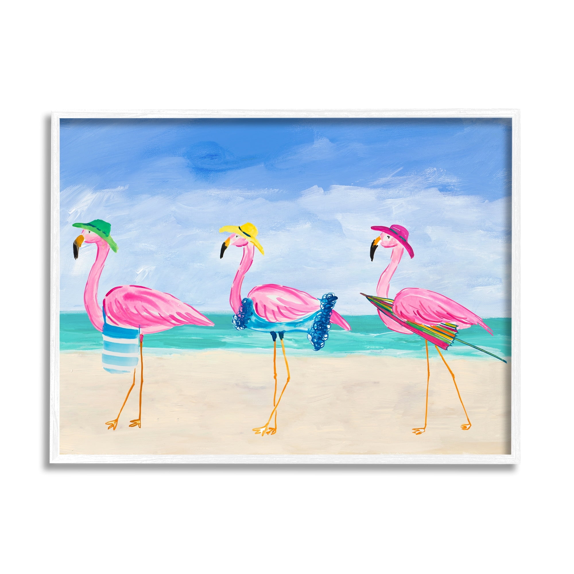 Cute Pink Flamingos Beach Attire Coastal Wall Art in White Frame