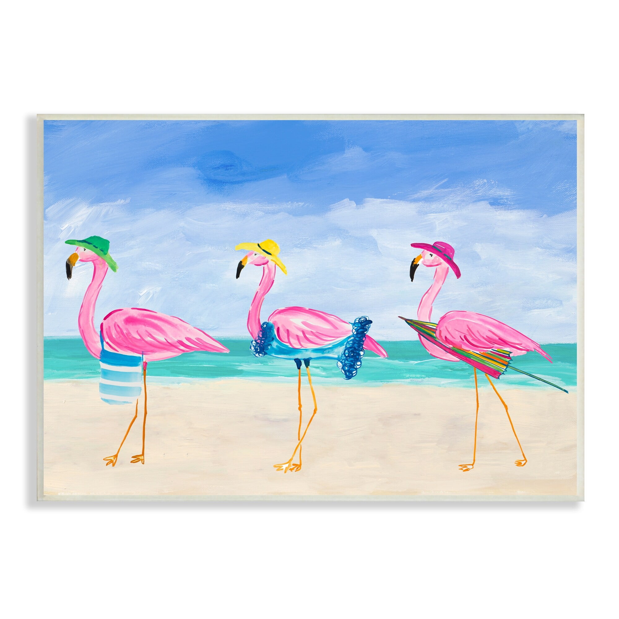 Stupell Industries Cute Pink Flamingos Beach Attire Strolling Coast Illustration , 15 x 10, Design by Julie Derice