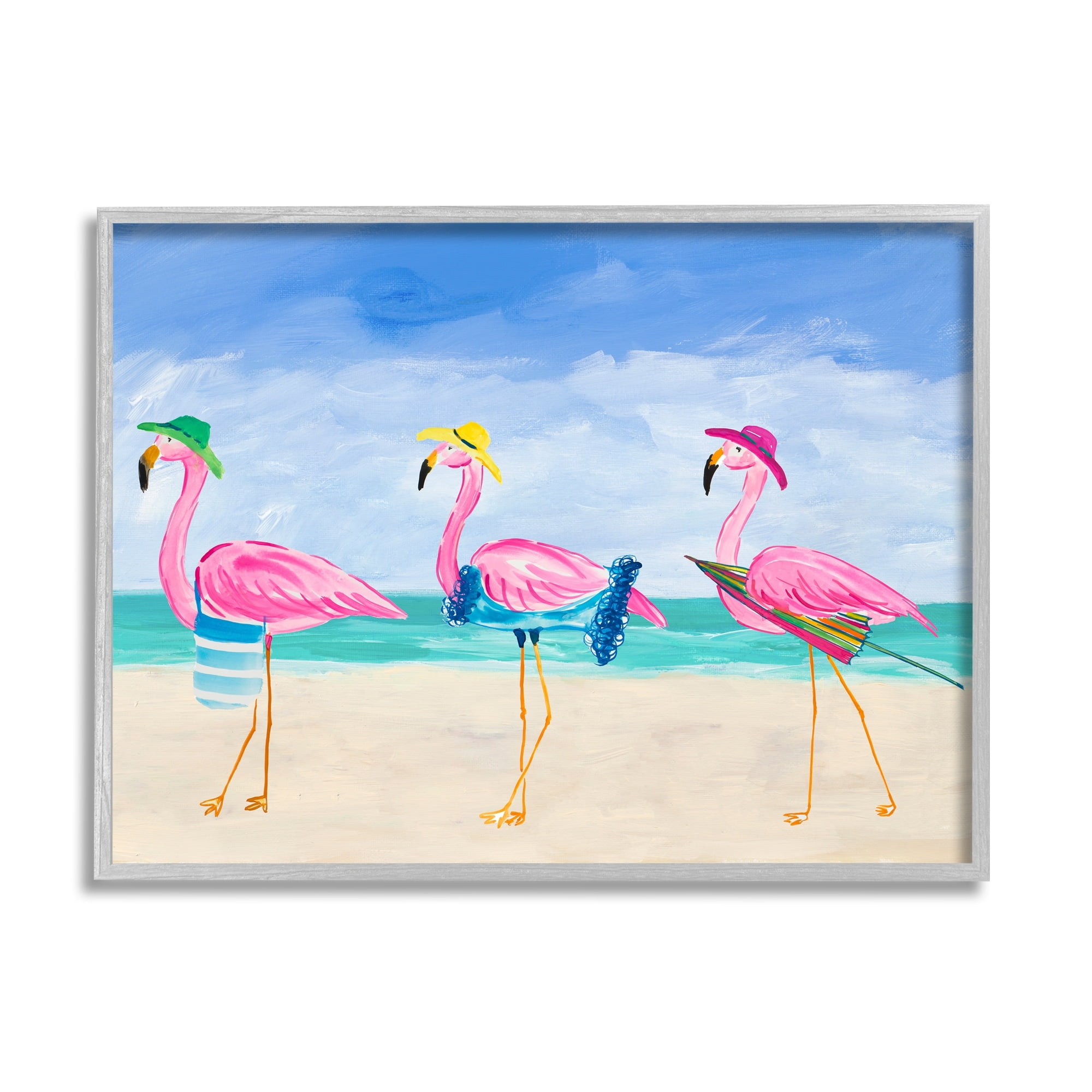 Stupell Industries Cute Pink Flamingos Beach Attire Strolling Coast Illustration , 20 x 16, Design by Julie Derice