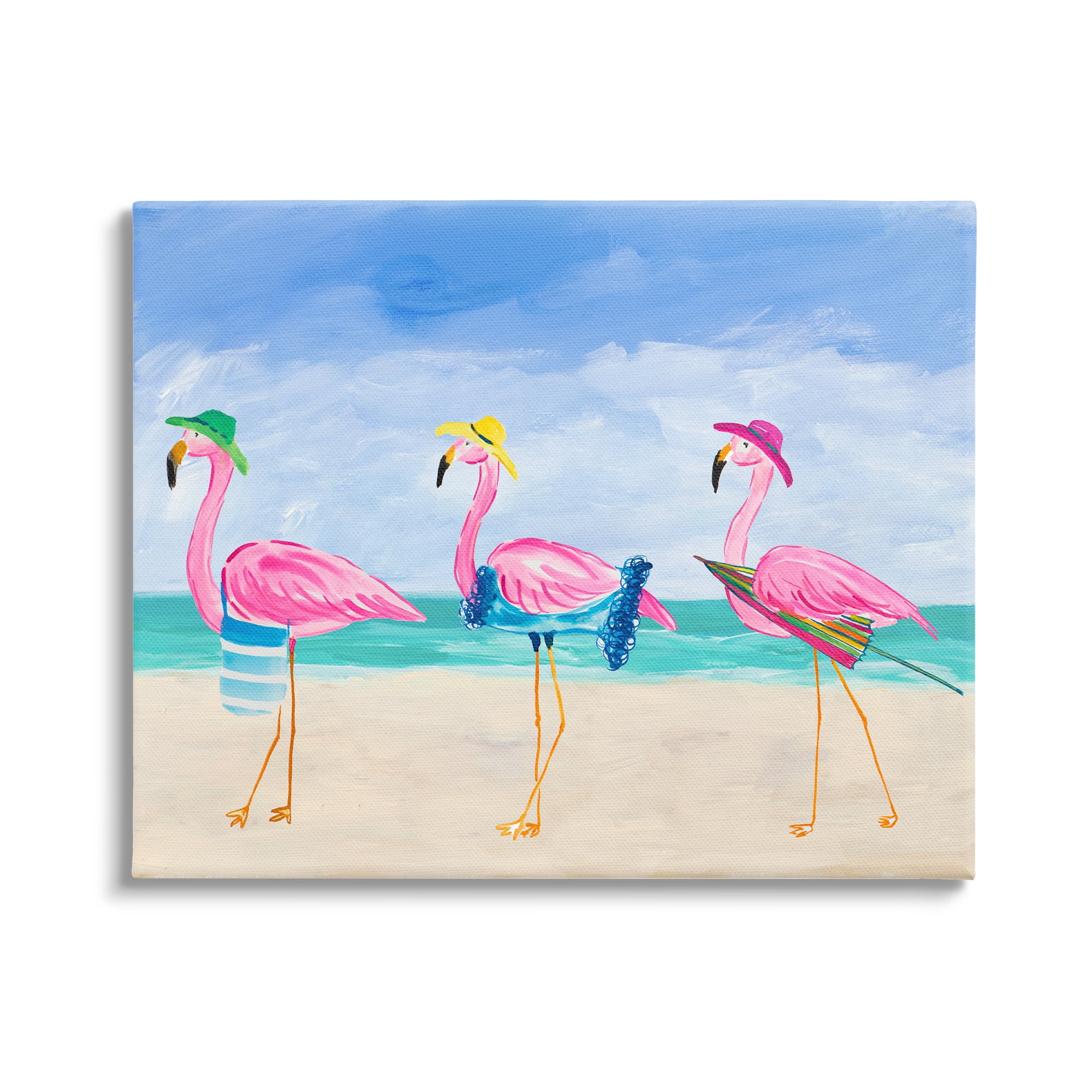 Stupell Industries Cute Pink Flamingos Beach Attire Strolling Coast Illustration , 48 x 36, Design by Julie Derice