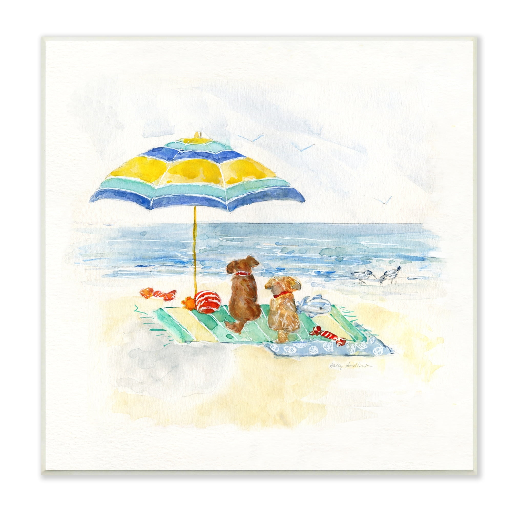 Cute Playful Dogs Relaxing Under Beach Umbrella Wall Art