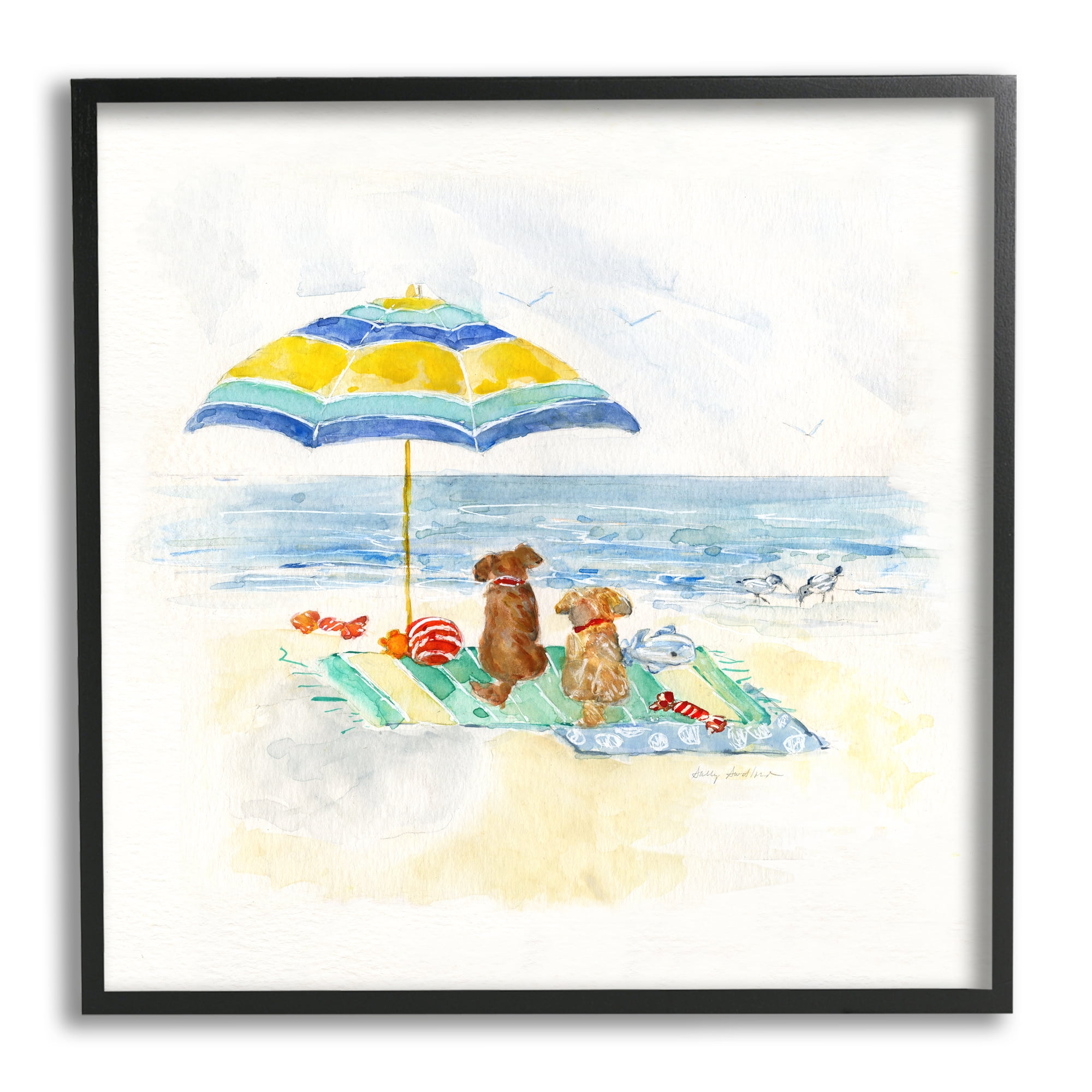 Stupell Industries Cute Playful Dogs Relaxing Beach Umbrella Shoreline Painting, 17 x 30, Design by Sally Swatland