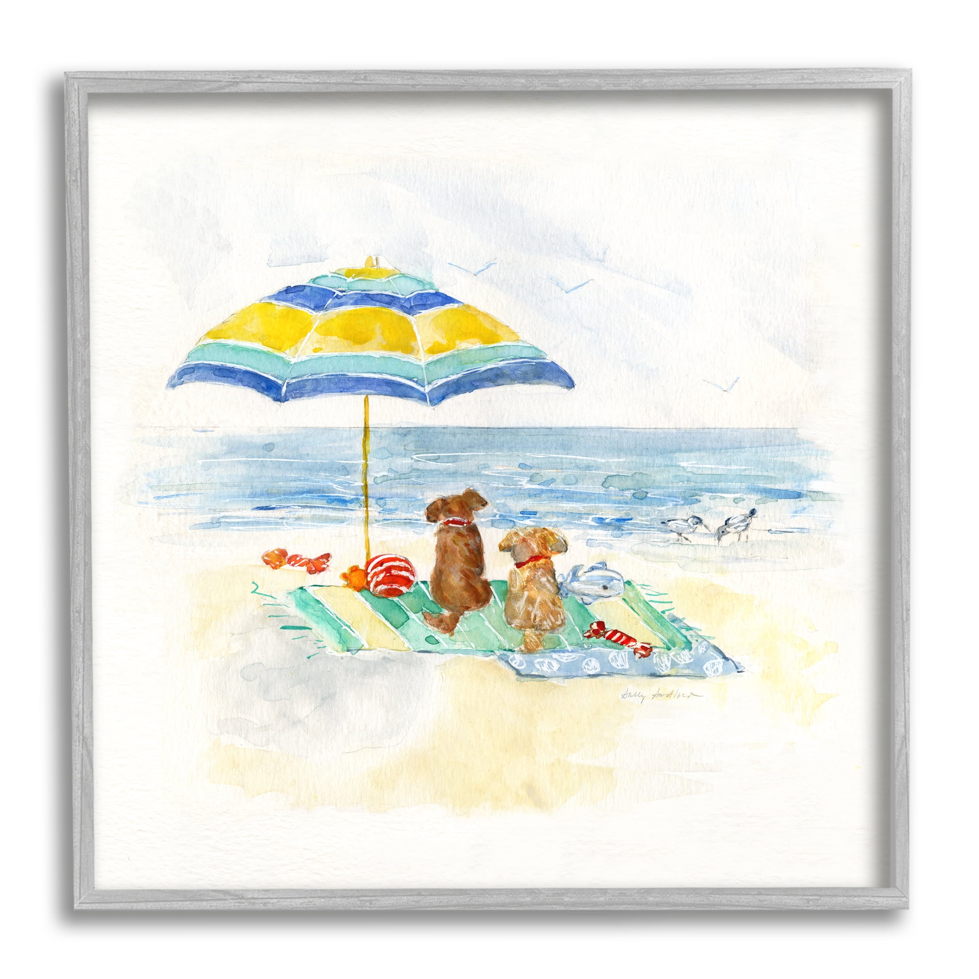 Stupell Industries Cute Playful Dogs Relaxing Beach Umbrella Shoreline Painting, 24 x 24, Design by Sally Swatland