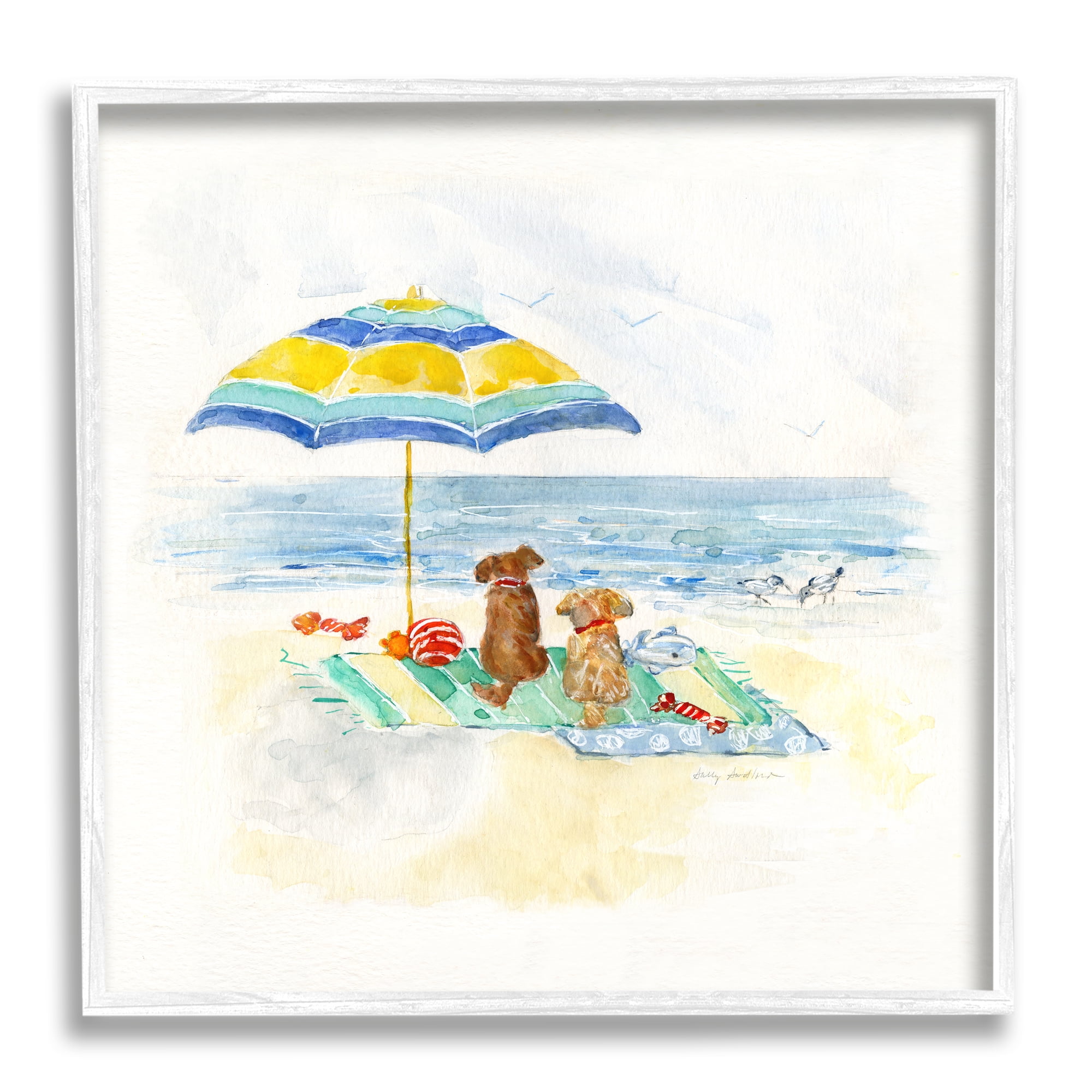 Stupell Industries Cute Playful Dogs Relaxing Beach Umbrella Shoreline Painting, 24 x 24, Design by Sally Swatland