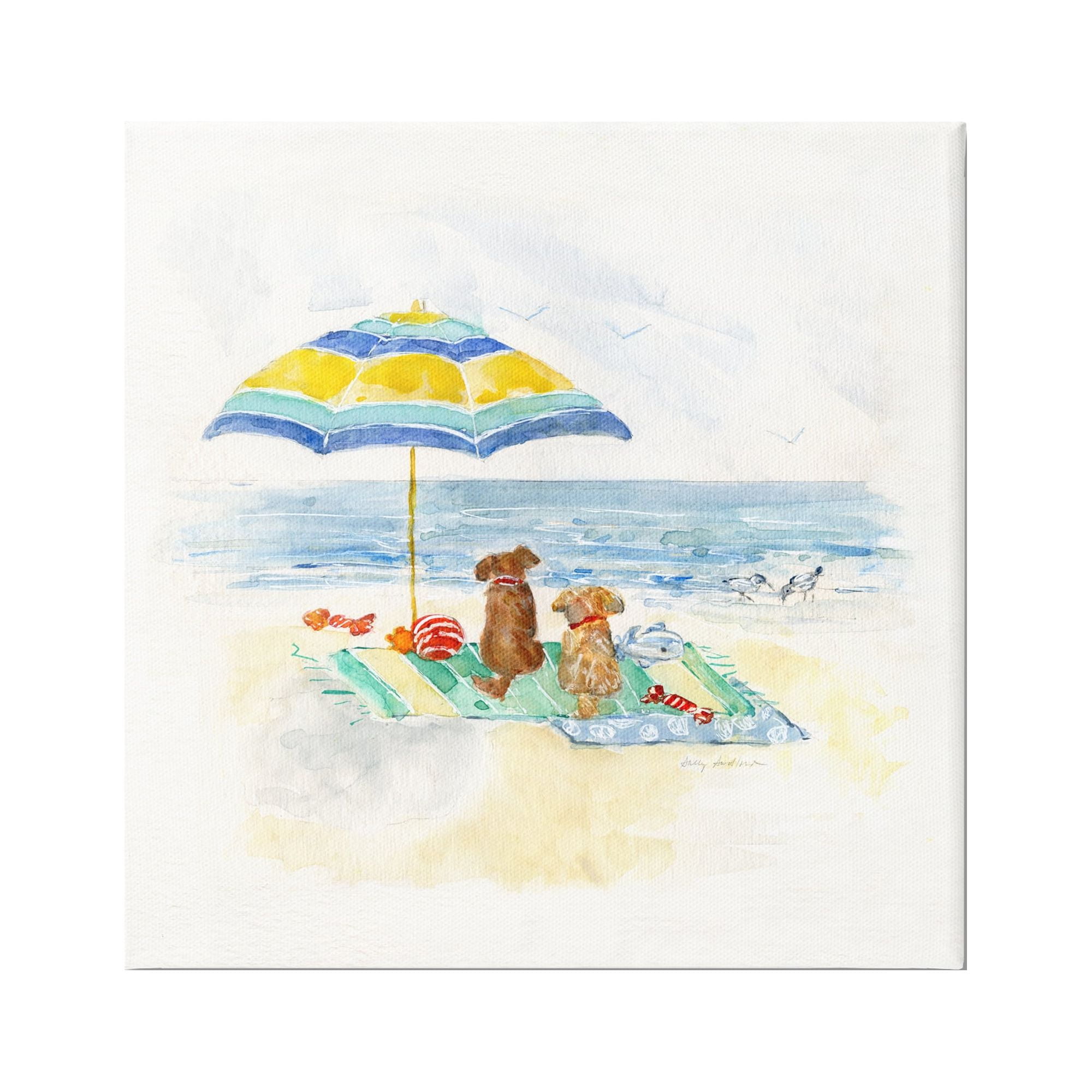 Stupell Industries Cute Playful Dogs Relaxing Beach Umbrella Shoreline Painting Coastal Painting Gallery-Wrapped Canvas Print Wall Art, 17 x 17, Design by Sally Swatland