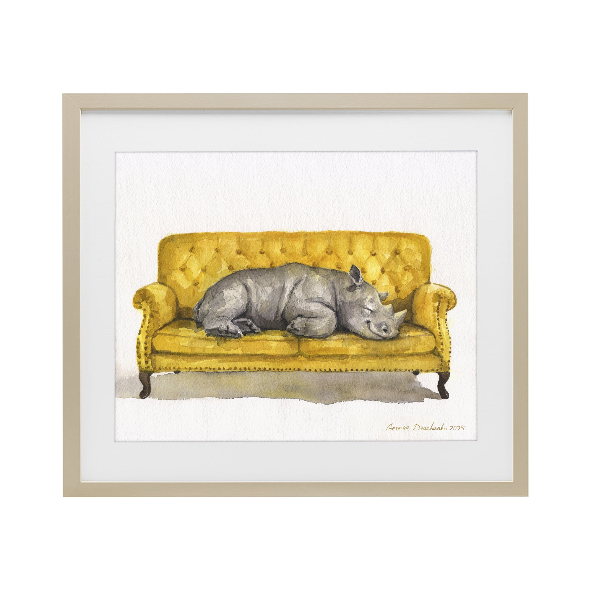 Stupell Industries Cute Rhino Resting Birch Framed Print Under Glass, design by George Dyachenko
