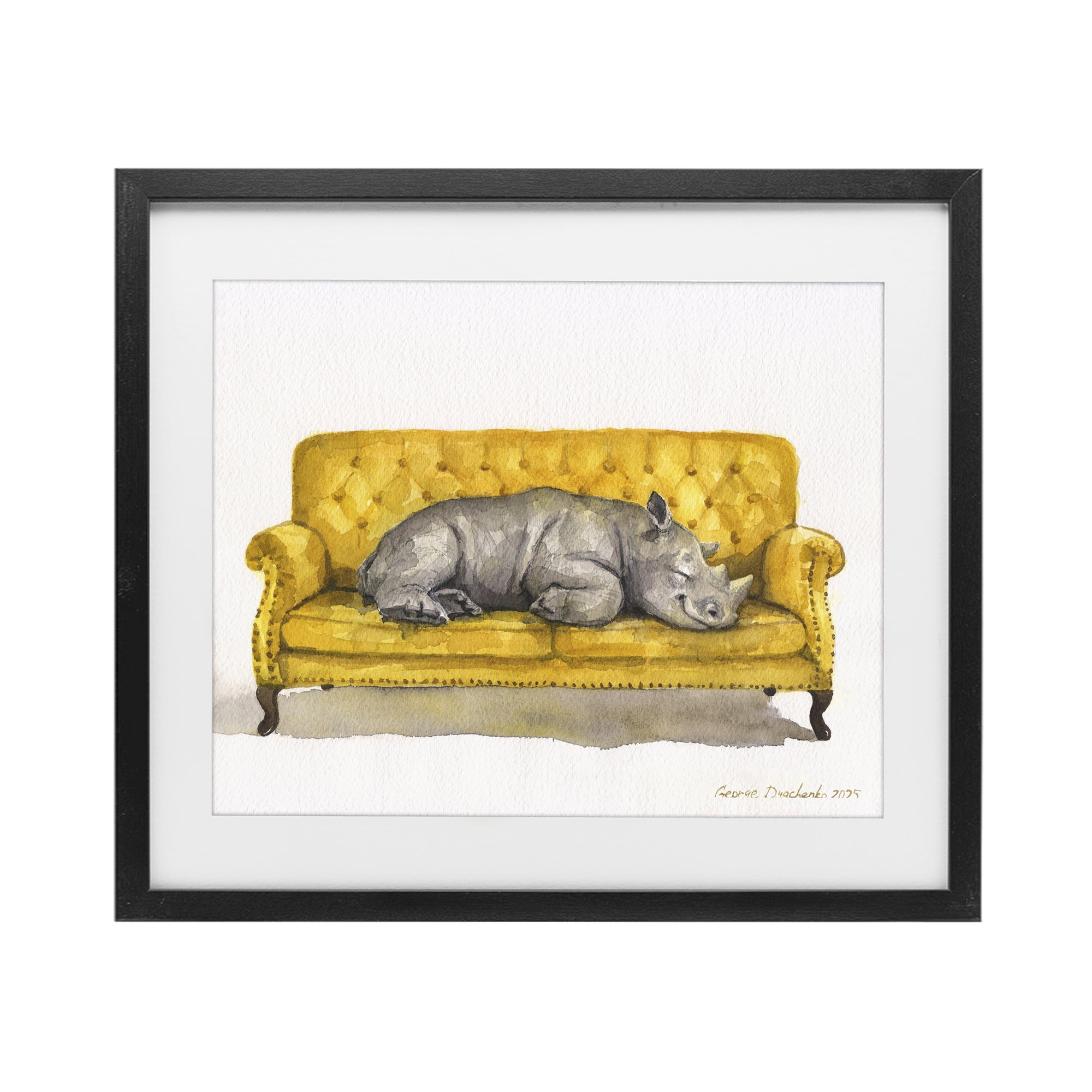 Stupell Industries Cute Rhino Resting Black Framed Print Under Glass, design by George Dyachenko