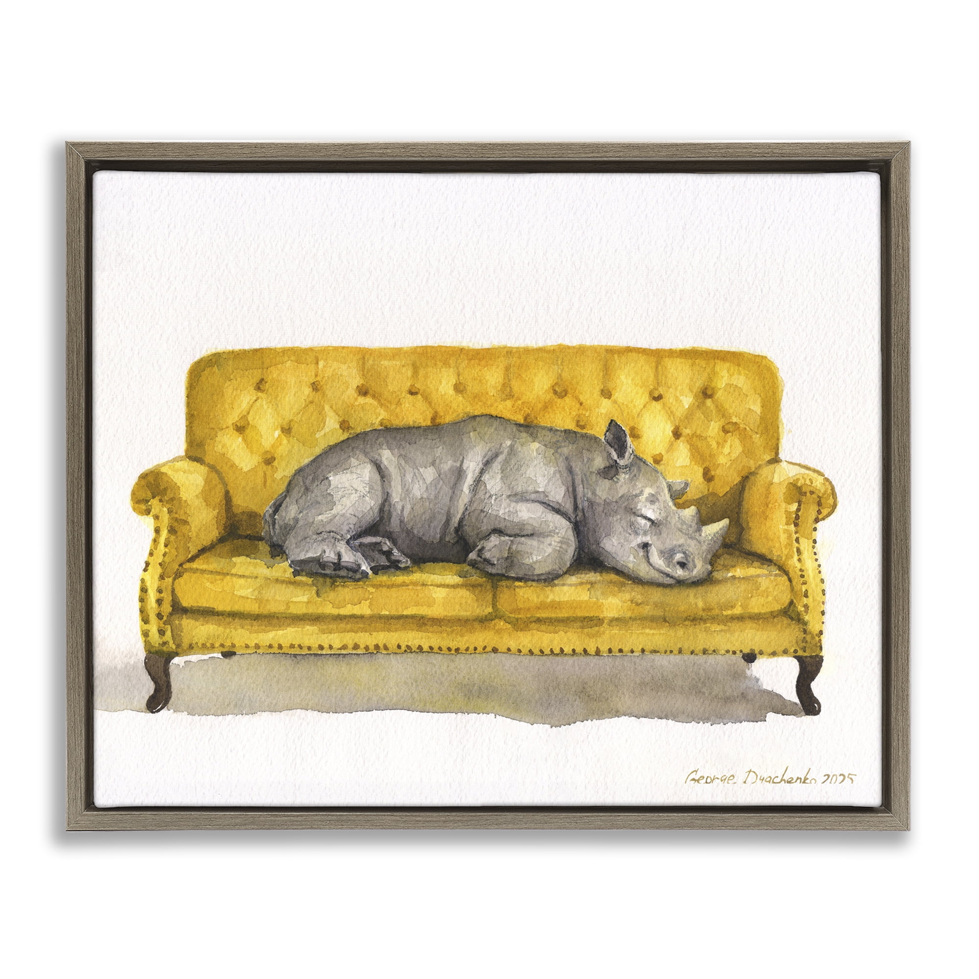 Stupell Industries Cute Rhino Resting Brown Framed Floater Canvas Wall Art, design by George Dyachenko