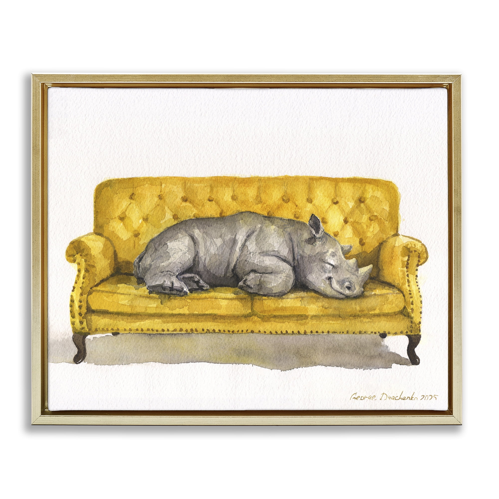 Stupell Industries Cute Rhino Resting Gold Framed Floater Canvas Wall Art, design by George Dyachenko