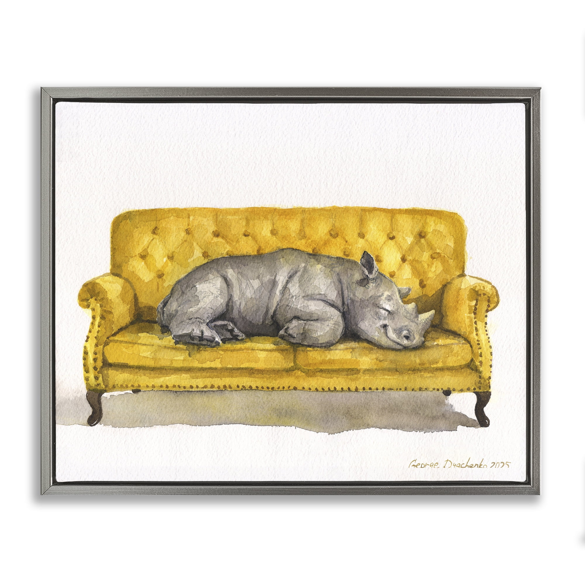 Stupell Industries Cute Rhino Resting Gray Framed Floater Canvas Wall Art, design by George Dyachenko