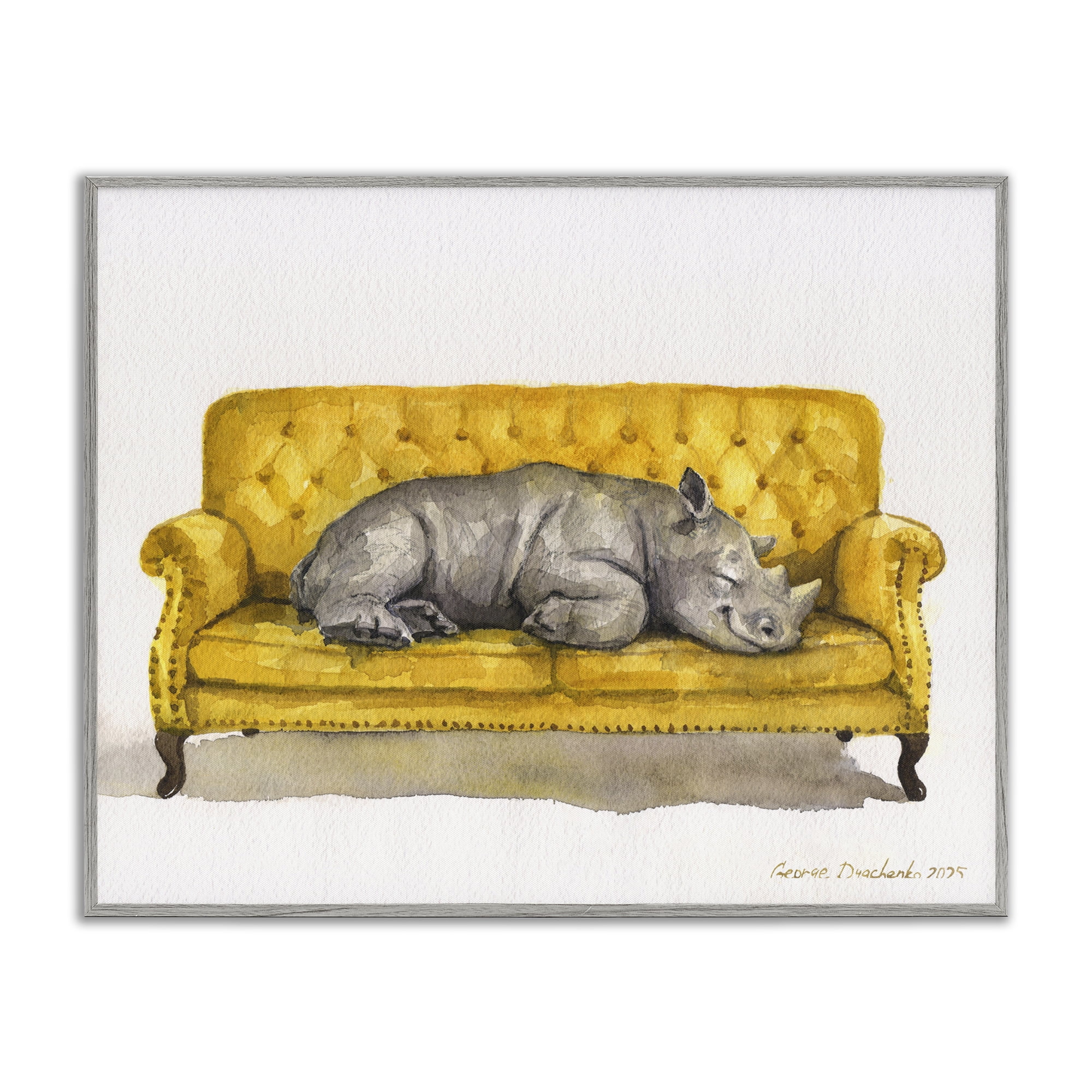 Stupell Industries Cute Rhino Resting Gray Framed Giclee Art, design by George Dyachenko
