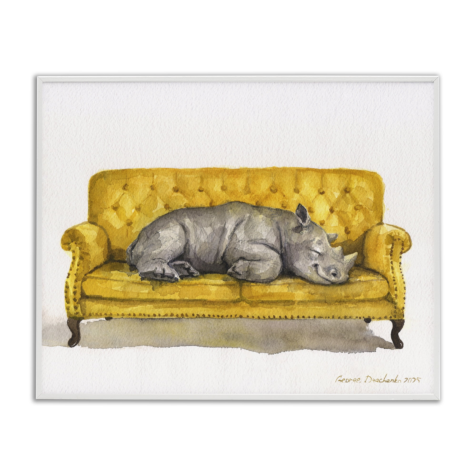 Stupell Industries Cute Rhino Resting White Framed Giclee Art, design by George Dyachenko